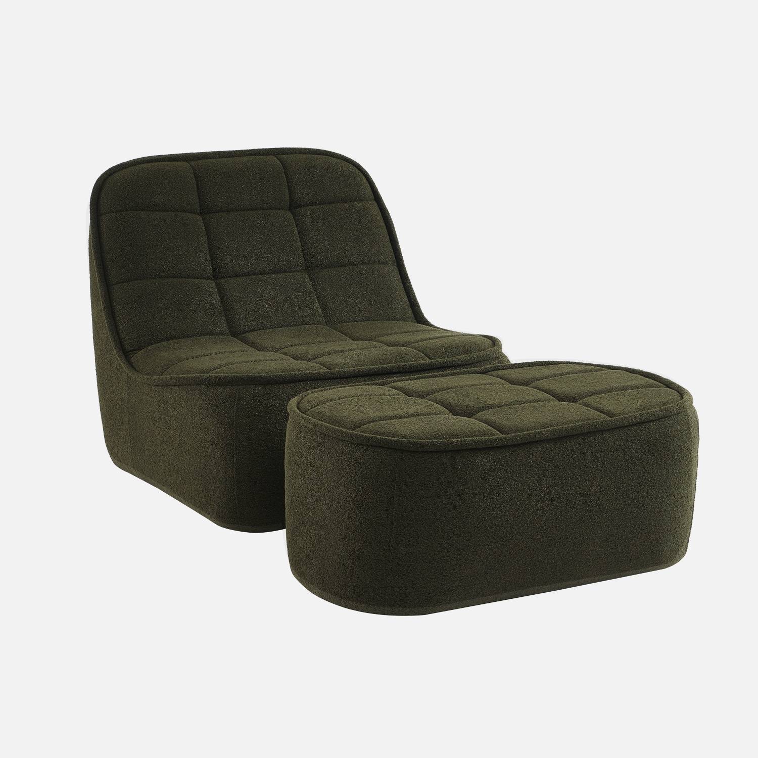 Chauffeuse bouclette texturée 1 place + repose pieds kaki