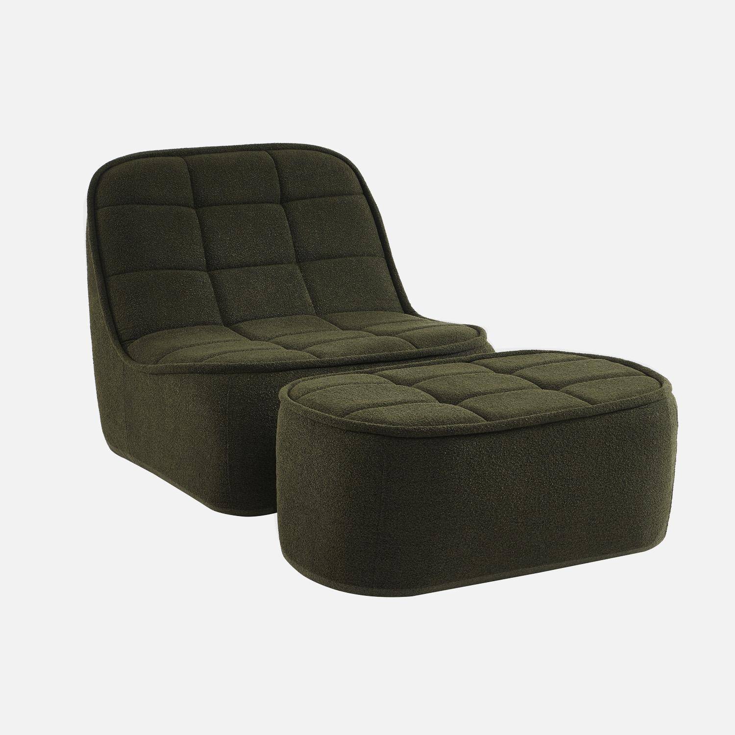 Chauffeuse bouclette texturée 1 place + repose pieds kaki L 93 x P 104 x H 85cm - Boni Photo1