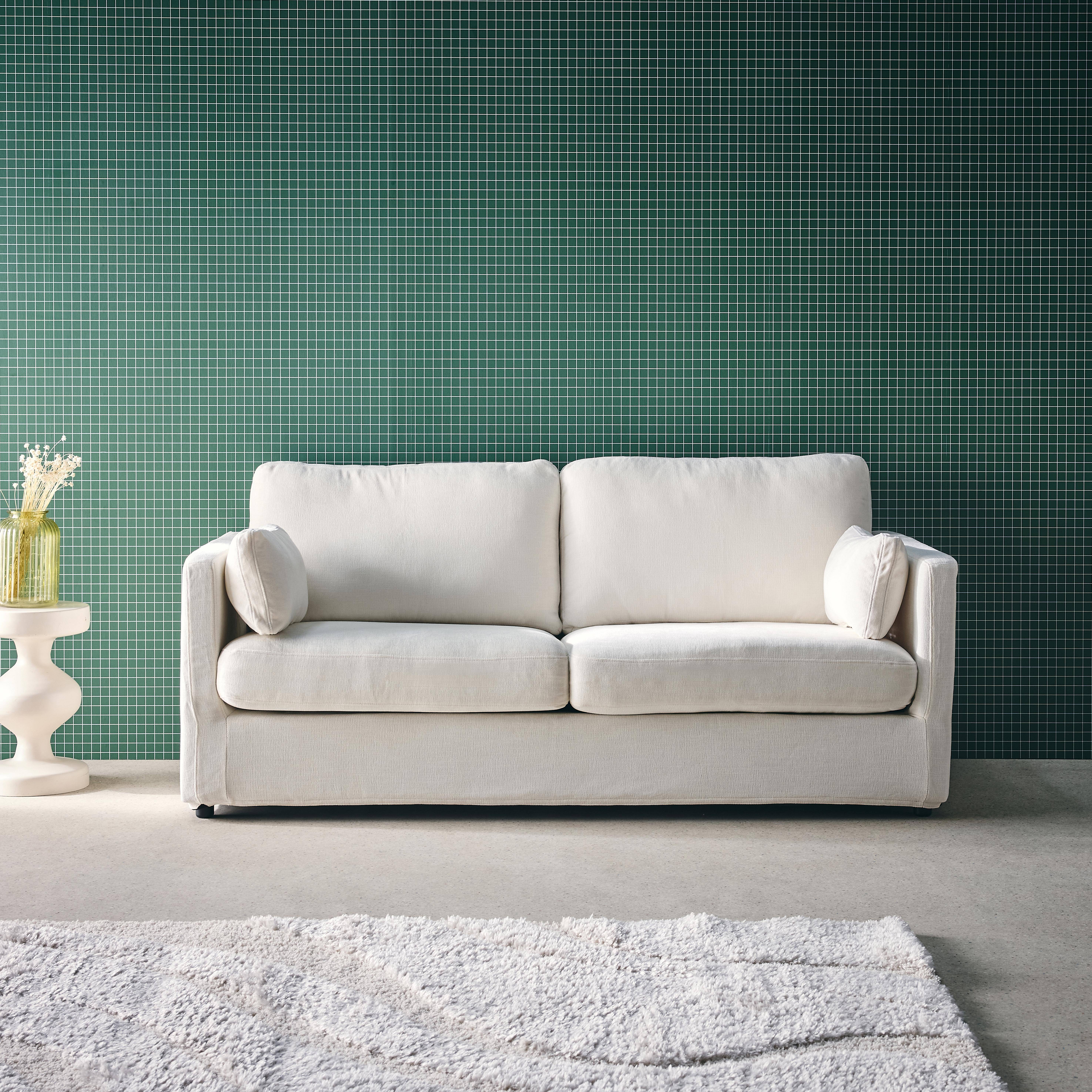 Dwuosobowa sofa z zdejmowanym pokrowcem, biały materiał, dł. 198 x gł. 88 x wys. 85 cm – Neo Photo1