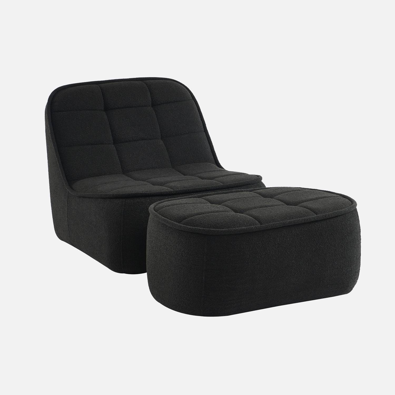 Chauffeuse bouclette texturée 1 place + repose pieds noir