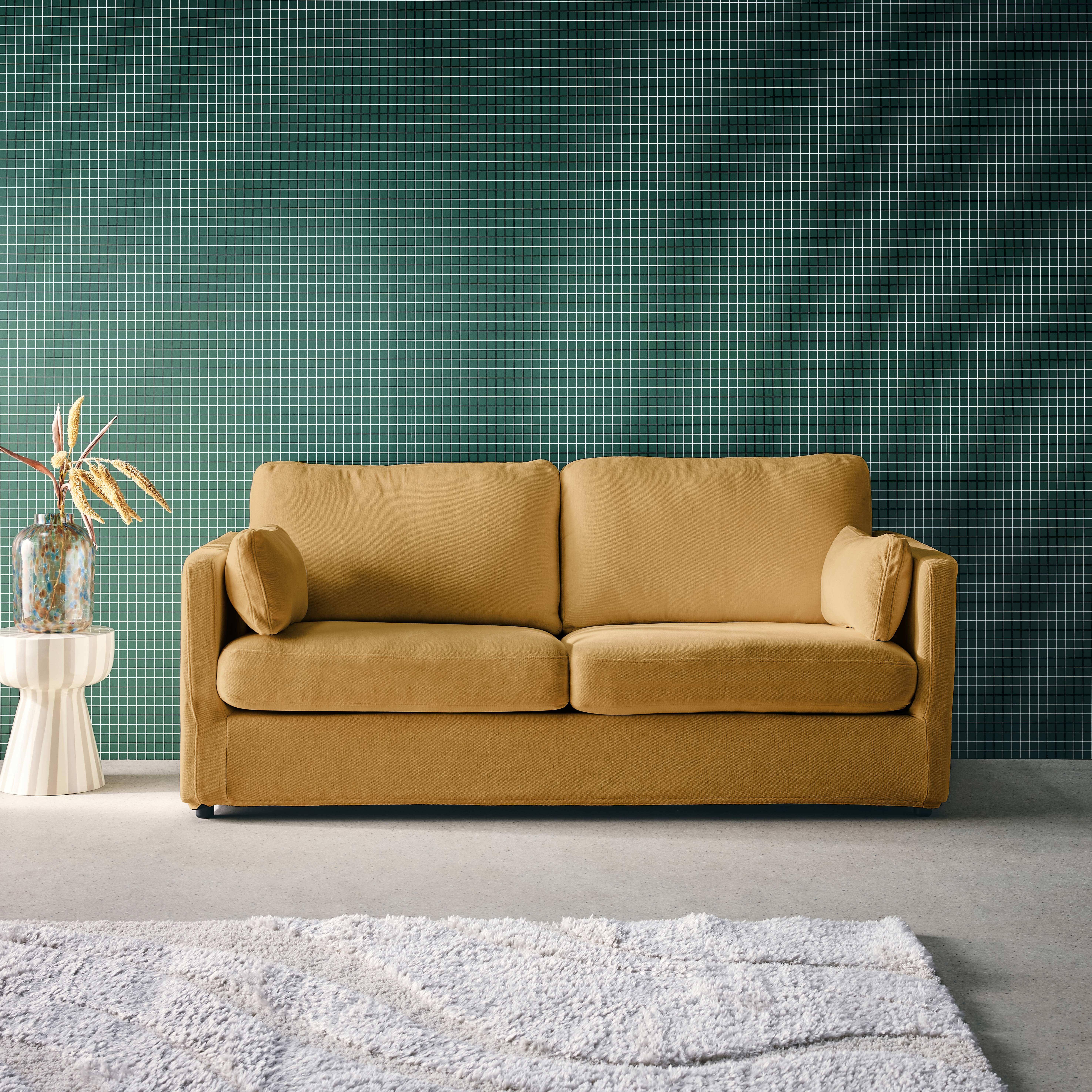 Dwuosobowa sofa z zdejmowanym pokrowcem, kolor ochra, dł. 198 x gł. 88 x wys. 85 cm – Neo Photo1