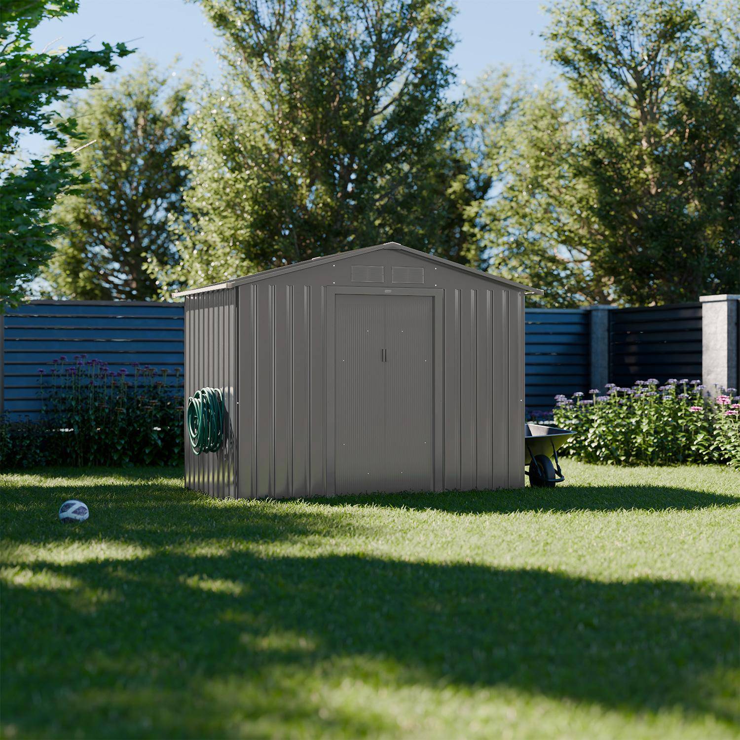 Abri de jardin en métal - Houtland, 2,71 m² beige - Cabane à outils avec double portes coulissantes, kit de fixation sol inclus, L 213 x P 131 x H 185cm Photo2