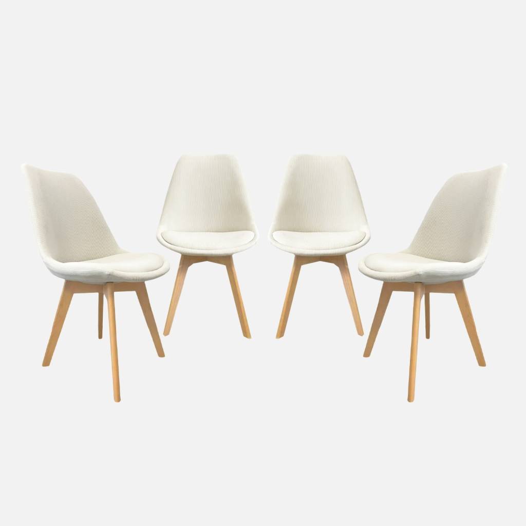Set di 4 sedie scandinave in legno di faggio e velluto a coste , Bianco sporco
