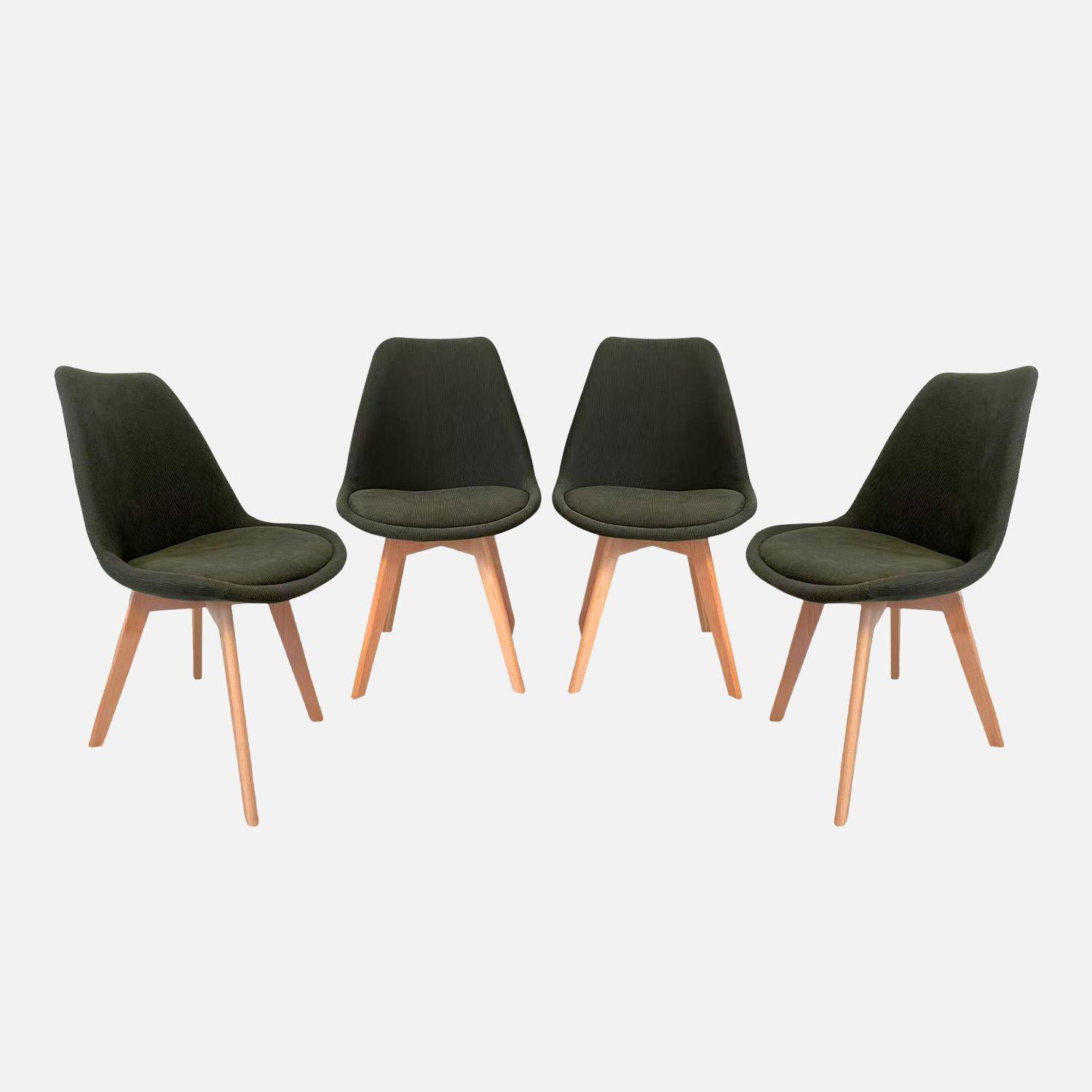 Lot de 4 chaises scandinaves revêtement velours côtelé kaki, pieds bois de hêtre - Nils Photo1