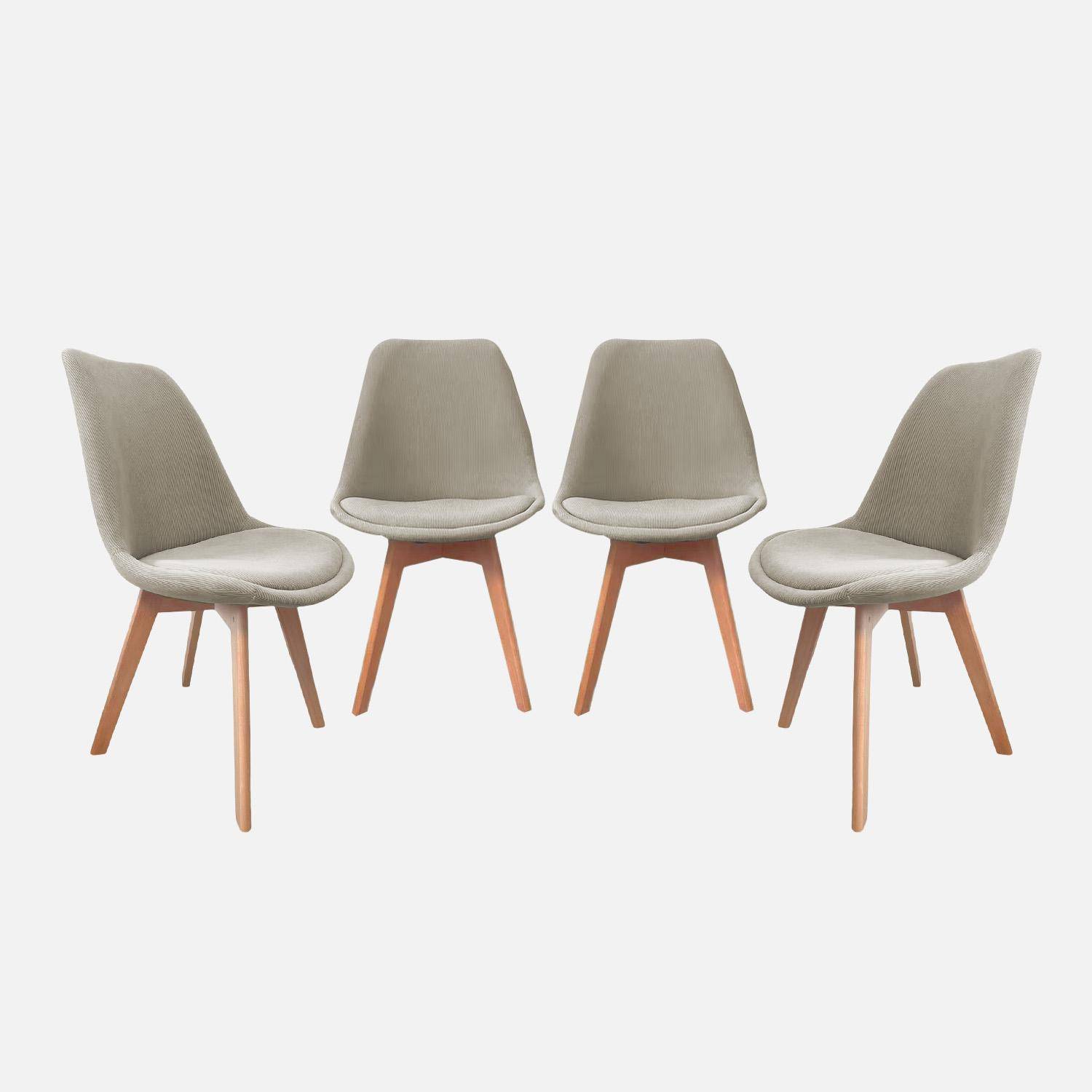 Lot de 4 chaises scandinaves revêtement velours côtelé gris clair, pieds bois de hêtre - Nils Photo1