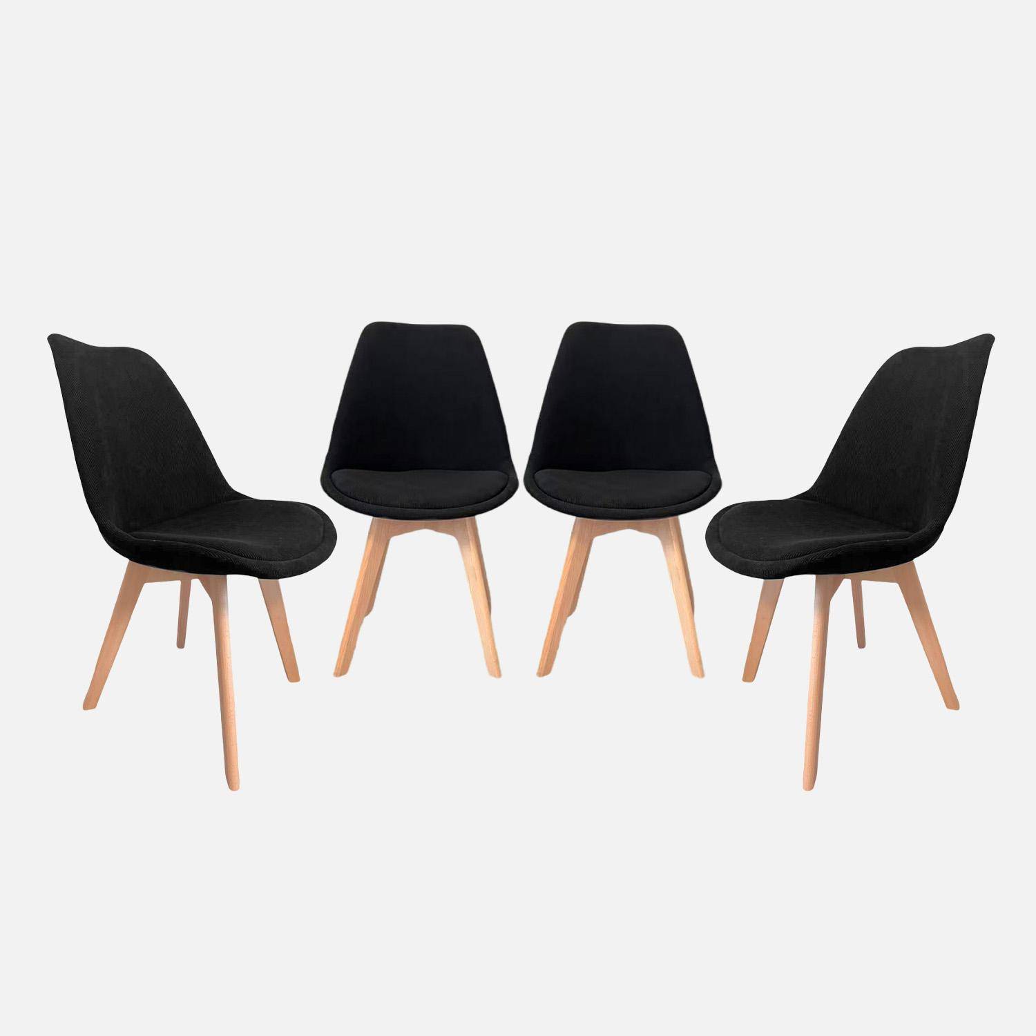 Lot de 4 chaises scandinaves revêtement velours côtelé noir, pieds bois de hêtre - Nils Photo1