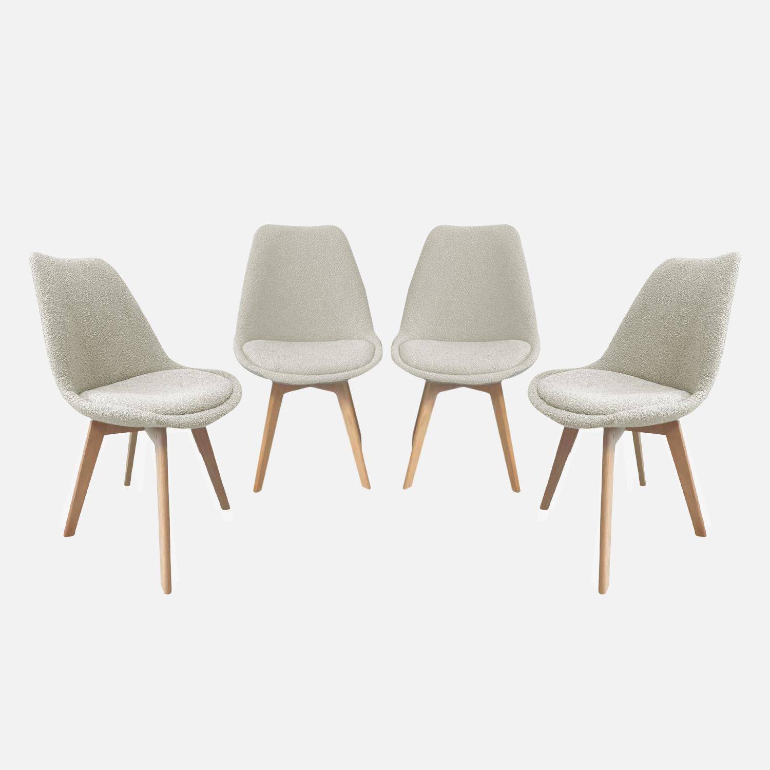 Lot de 4 chaises scandinaves revêtement bouclette texturée blanc, pieds bois de hêtre - Nils Photo1
