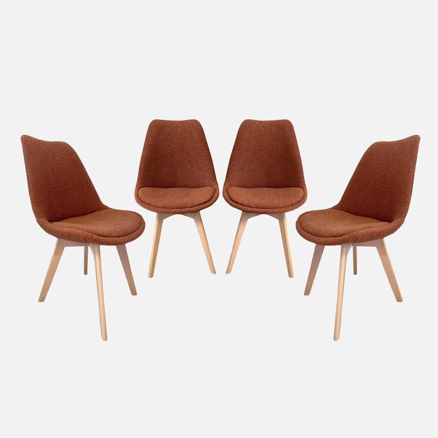 Lot de 4 chaises scandinaves revêtement bouclette texturée terracotta, pieds bois de hêtre - Nils Photo1