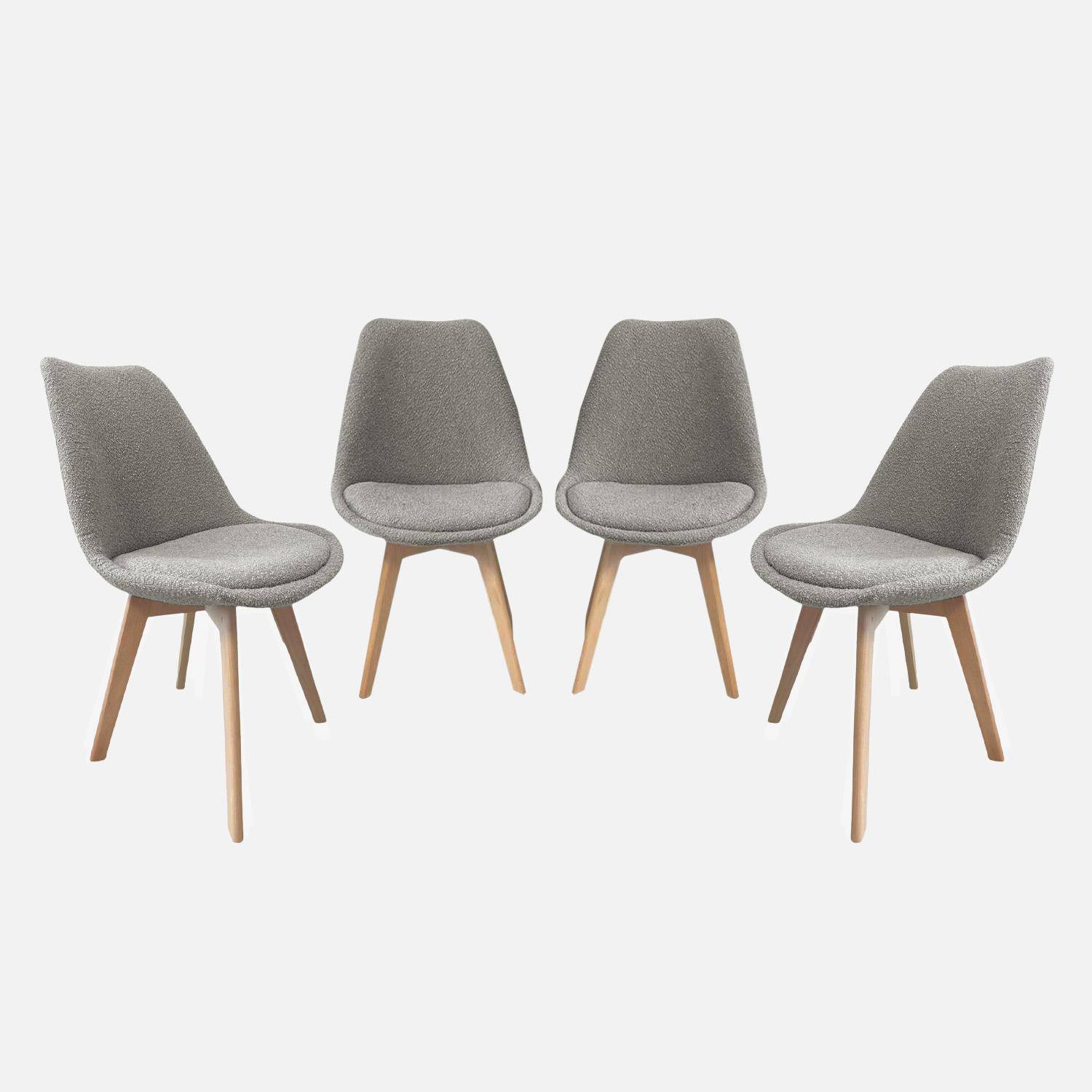 Lot de 4 chaises scandinaves revêtement bouclette texturée gris clair, pieds bois de hêtre - Nils Photo1