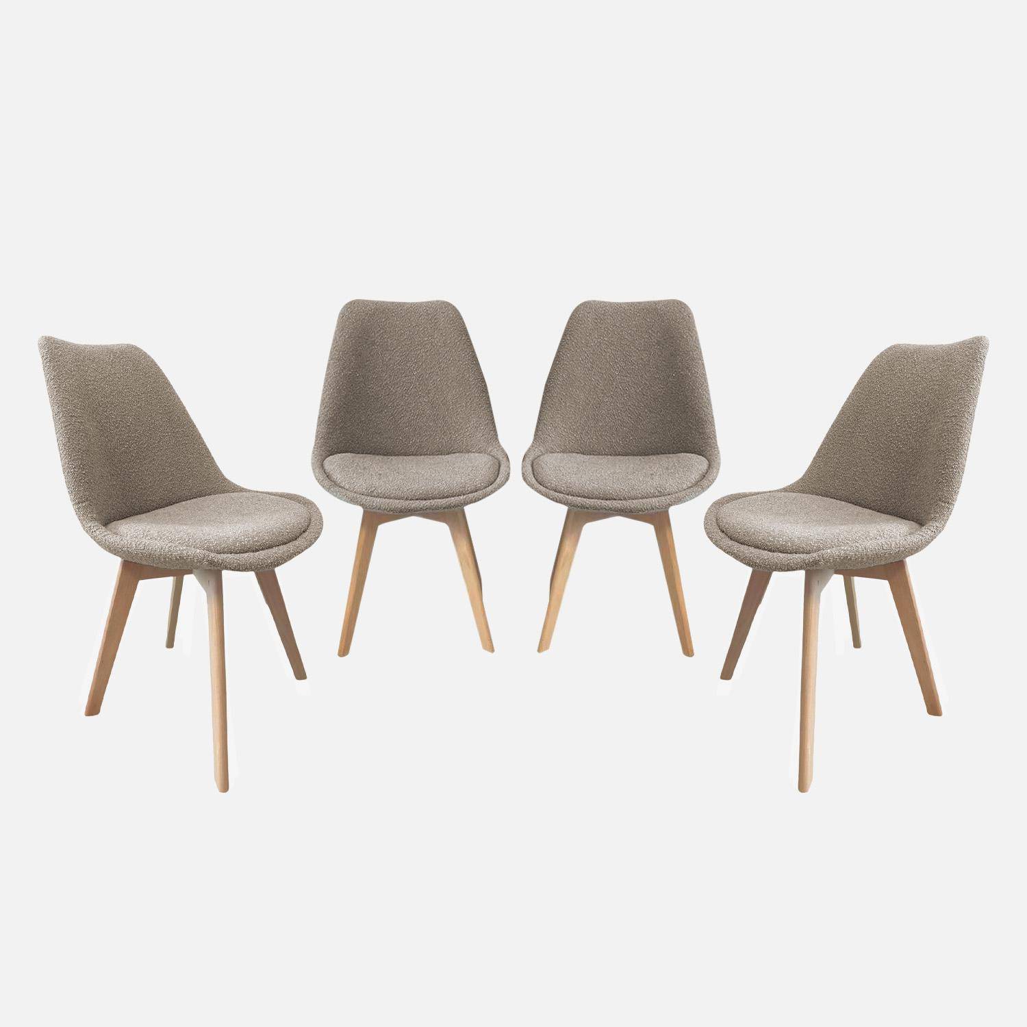 Lot de 4 chaises scandinaves revêtement bouclette texturée taupe, pieds bois de hêtre - Nils Photo1