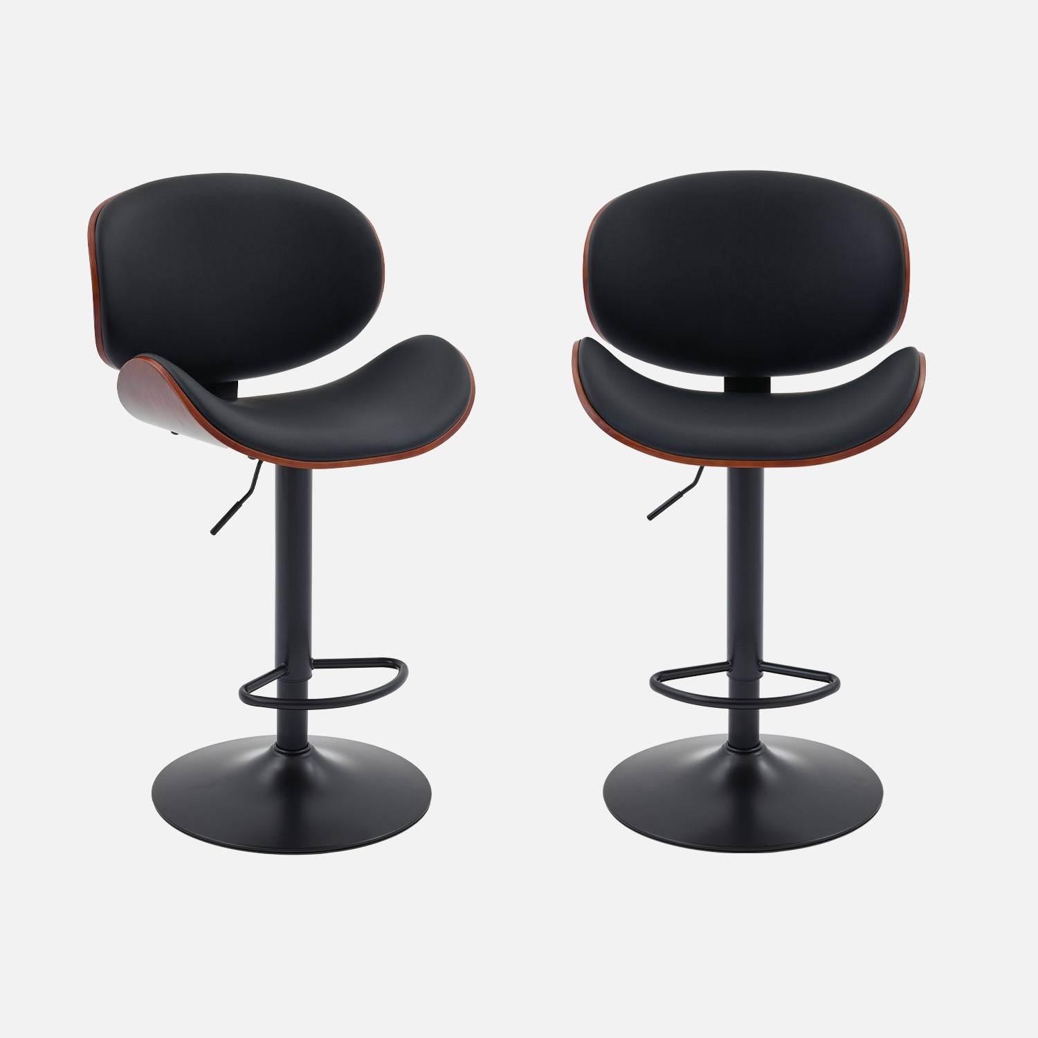 Lot de 2 tabourets de bar réglable décor bois courbé et simili cuir noyer et noir