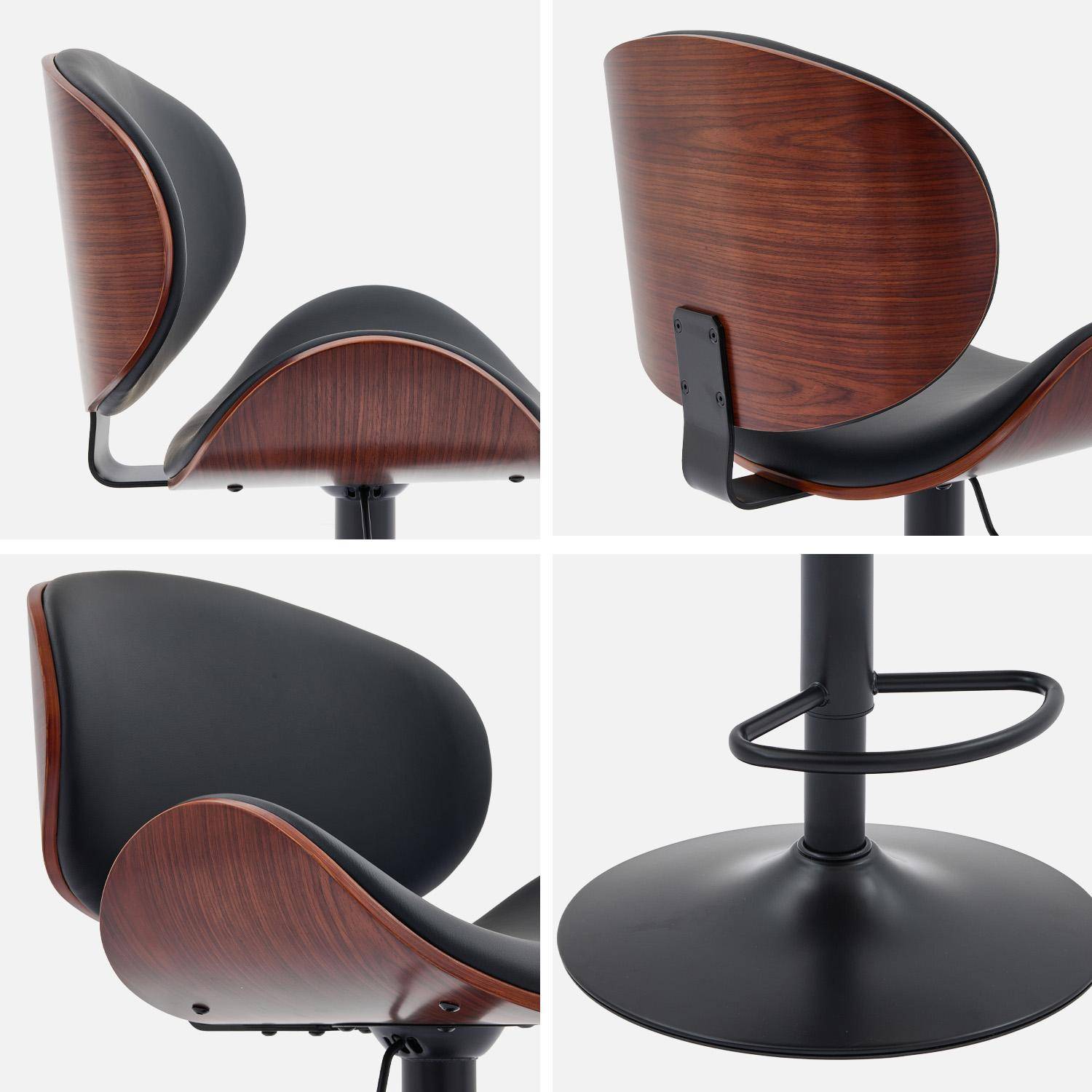Lot de 2 tabourets de bar réglable décor bois courbé et simili cuir noyer et noir - L 53  P 51 x H 95-116cm - Dwight,sweeek,Photo4