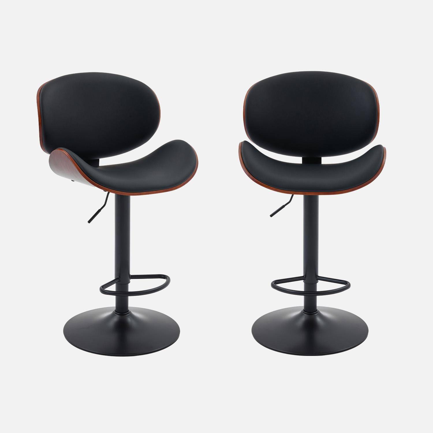 Lot de 2 tabourets de bar réglable décor bois courbé et simili cuir noyer et noir - L 53  P 51 x H 95-116cm - Dwight,sweeek,Photo1