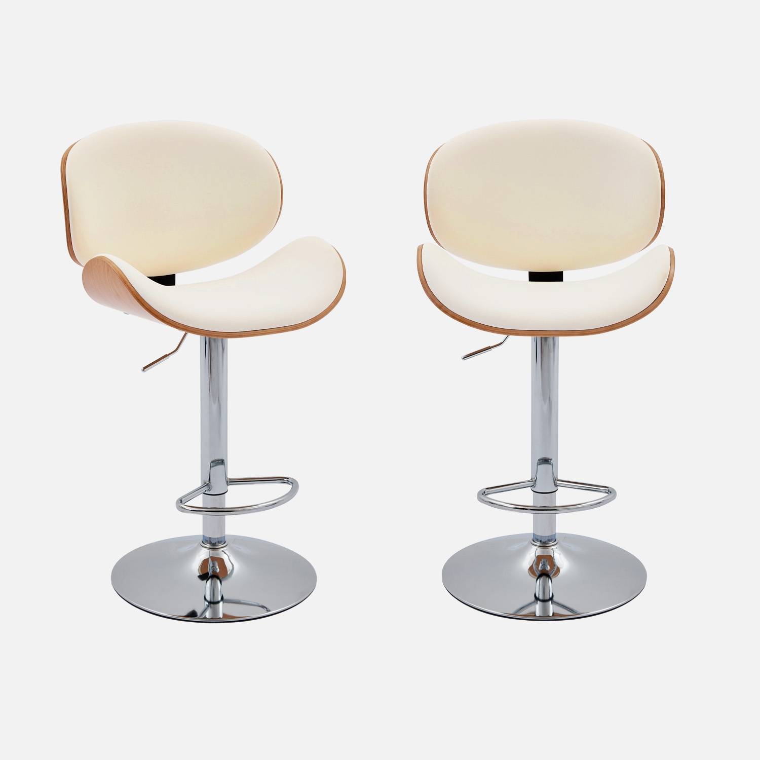 Lot de 2 tabourets de bar réglable décor bois courbé et simili cuir chêne, blanc et pieds chromés