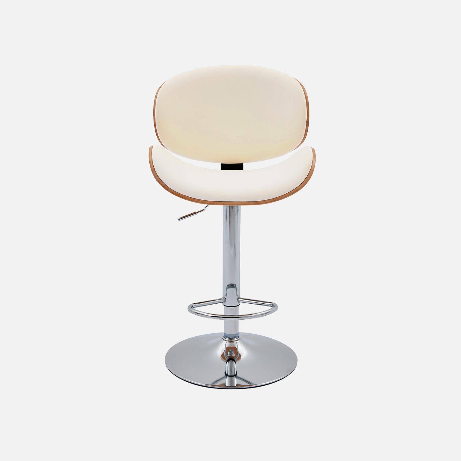 Lot de 2 tabourets de bar réglable décor bois courbé et simili cuir chêne, blanc et pieds chromés - L 53  P 51 x H 95-116cm - Dwight Photo3