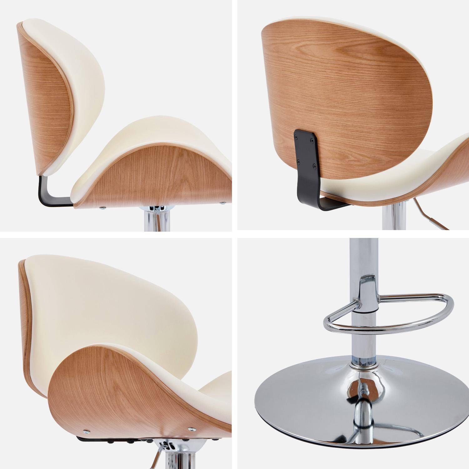 Lot de 2 tabourets de bar réglable décor bois courbé et simili cuir chêne, blanc et pieds chromés - L 53  P 51 x H 95-116cm - Dwight,sweeek,Photo4
