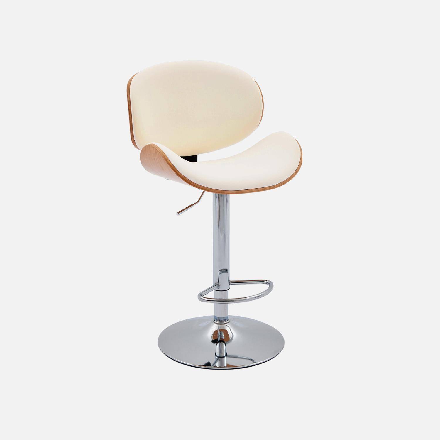 Lot de 2 tabourets de bar réglable décor bois courbé et simili cuir chêne, blanc et pieds chromés - L 53  P 51 x H 95-116cm - Dwight Photo2