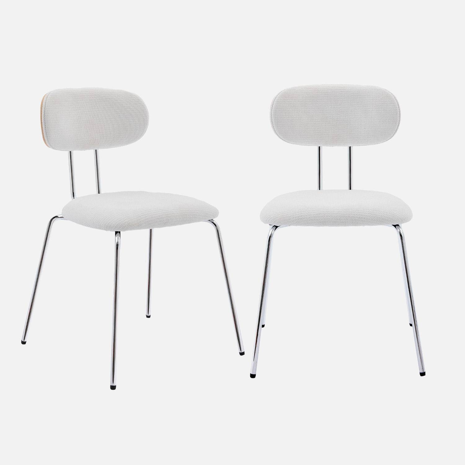 2 chaises décor bois courbé teinté chêne et tissu déperlant blanc, pieds métal chromé - L 45 x P 55 x H 80cm - Erin Photo1
