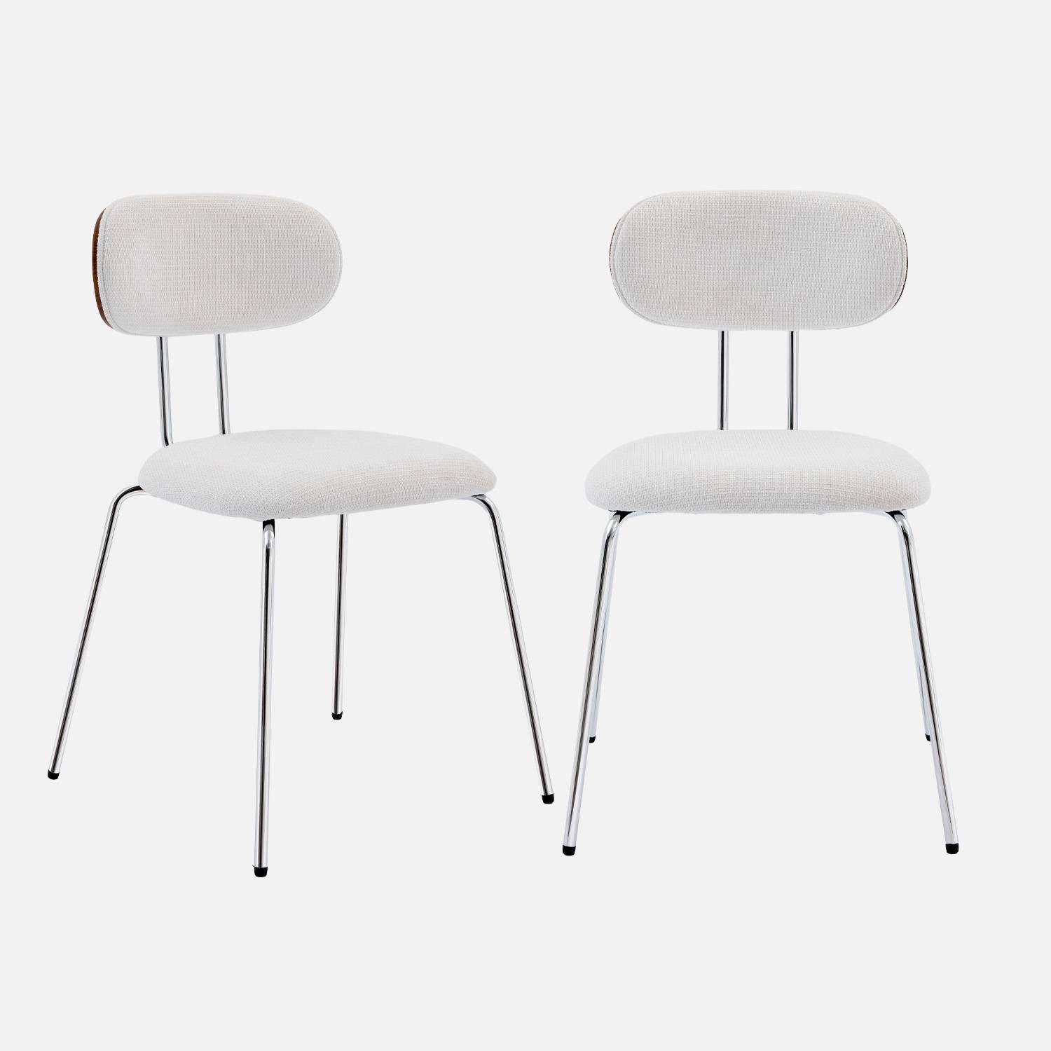 Chaise décor bois courbé teinté noyer et tissu déperlant blanc, pieds métal chromé (lot de 2)