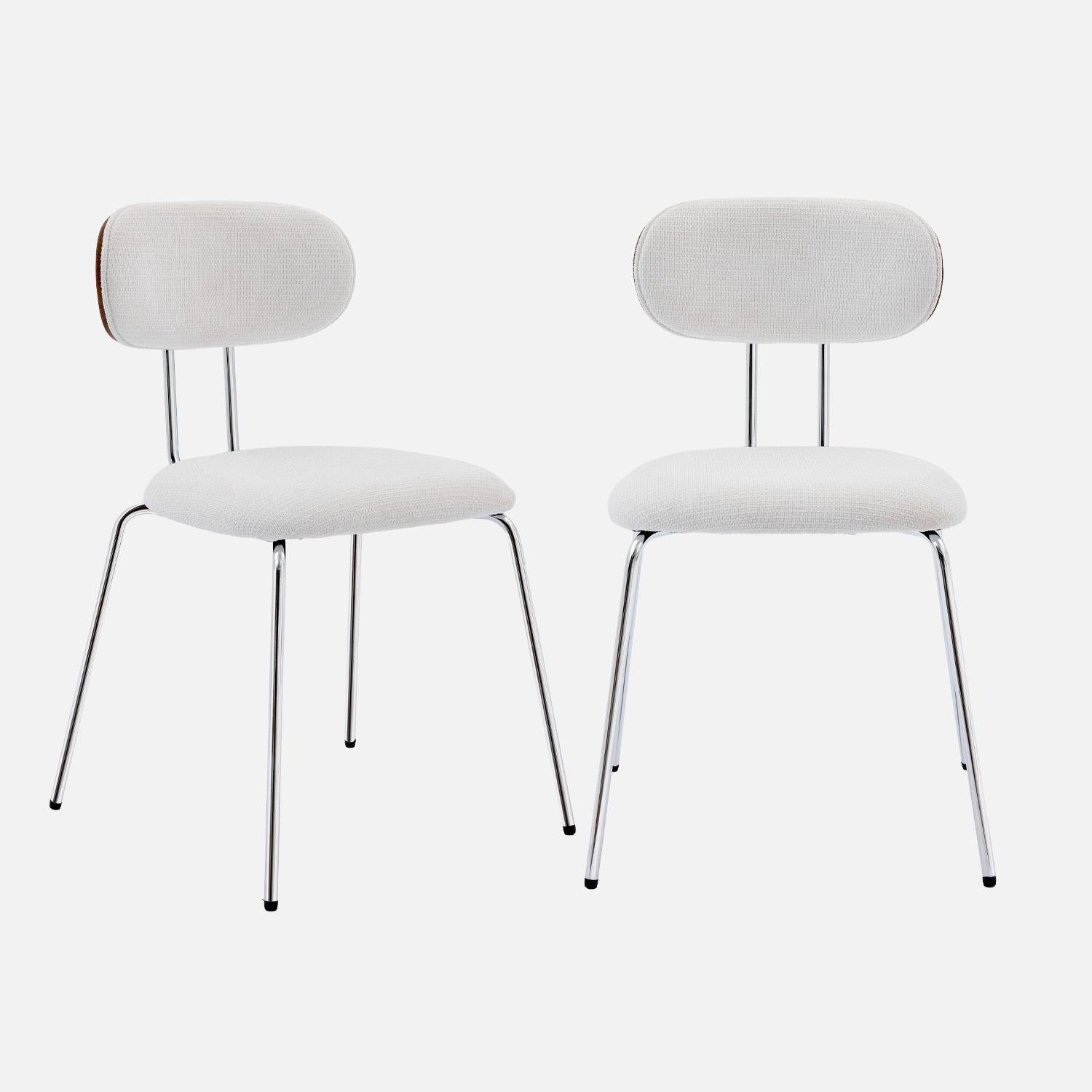 2 chaises décor bois courbé teinté noyer et tissu déperlant blanc, pieds métal chromé - L 45 x P 55 x H 80cm - Erin Photo1