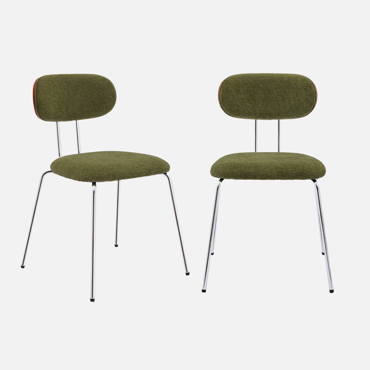 Chaise décor bois courbé teinté noyer et tissu déperlant kaki, pieds métal chromé (lot de 2)