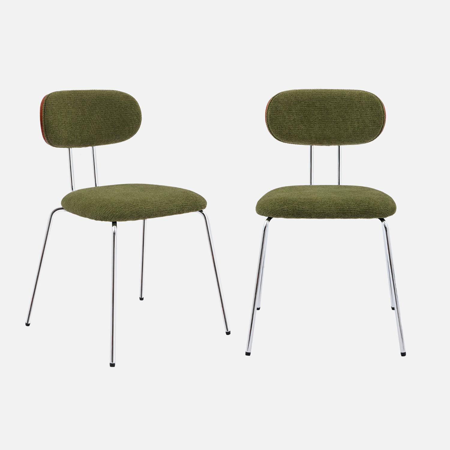 2 chaises décor bois courbé teinté noyer et tissu déperlant kaki, pieds métal chromé - L 45 x P 55 x H 80cm - Erin Photo1