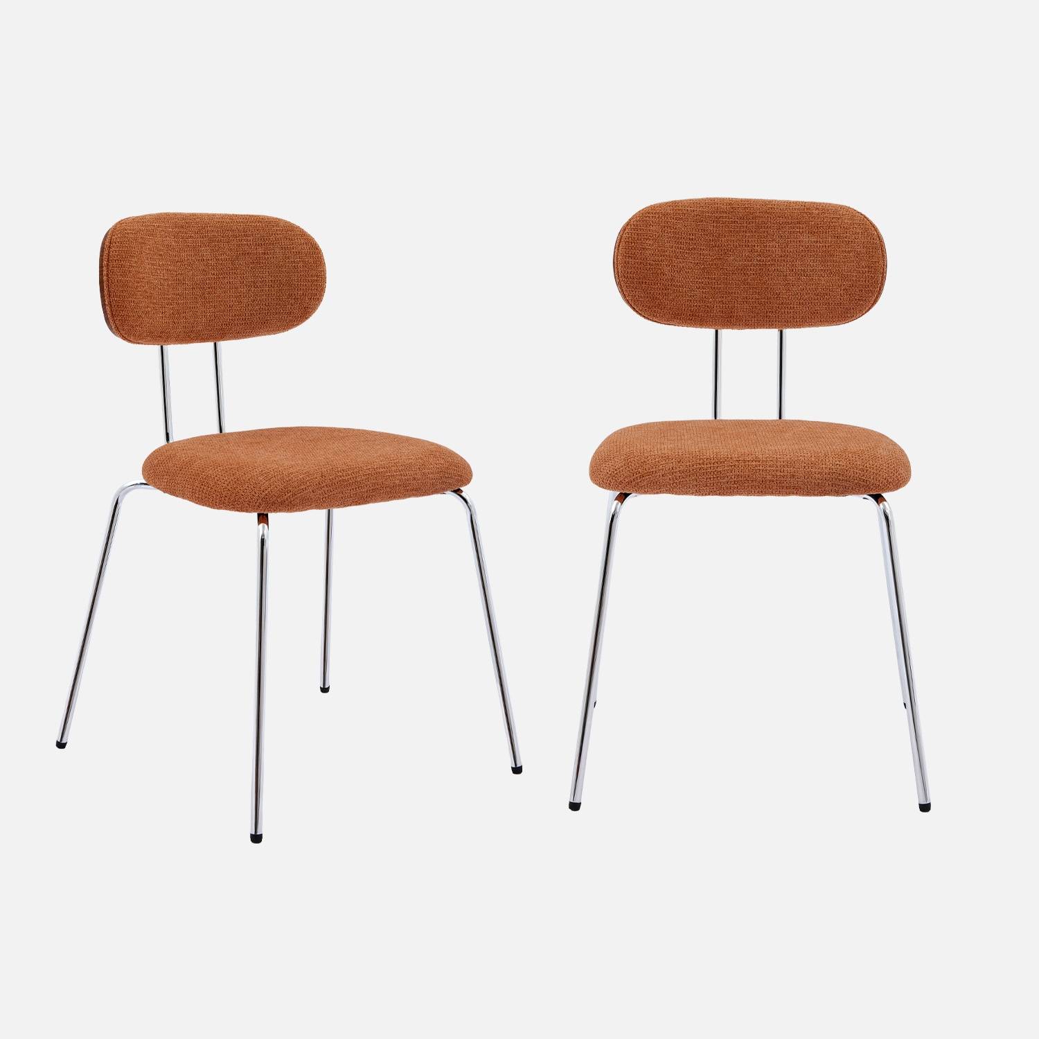 Chaise décor bois courbé teinté noyer et tissu déperlant terracotta, pieds métal chromé (lot de 2)