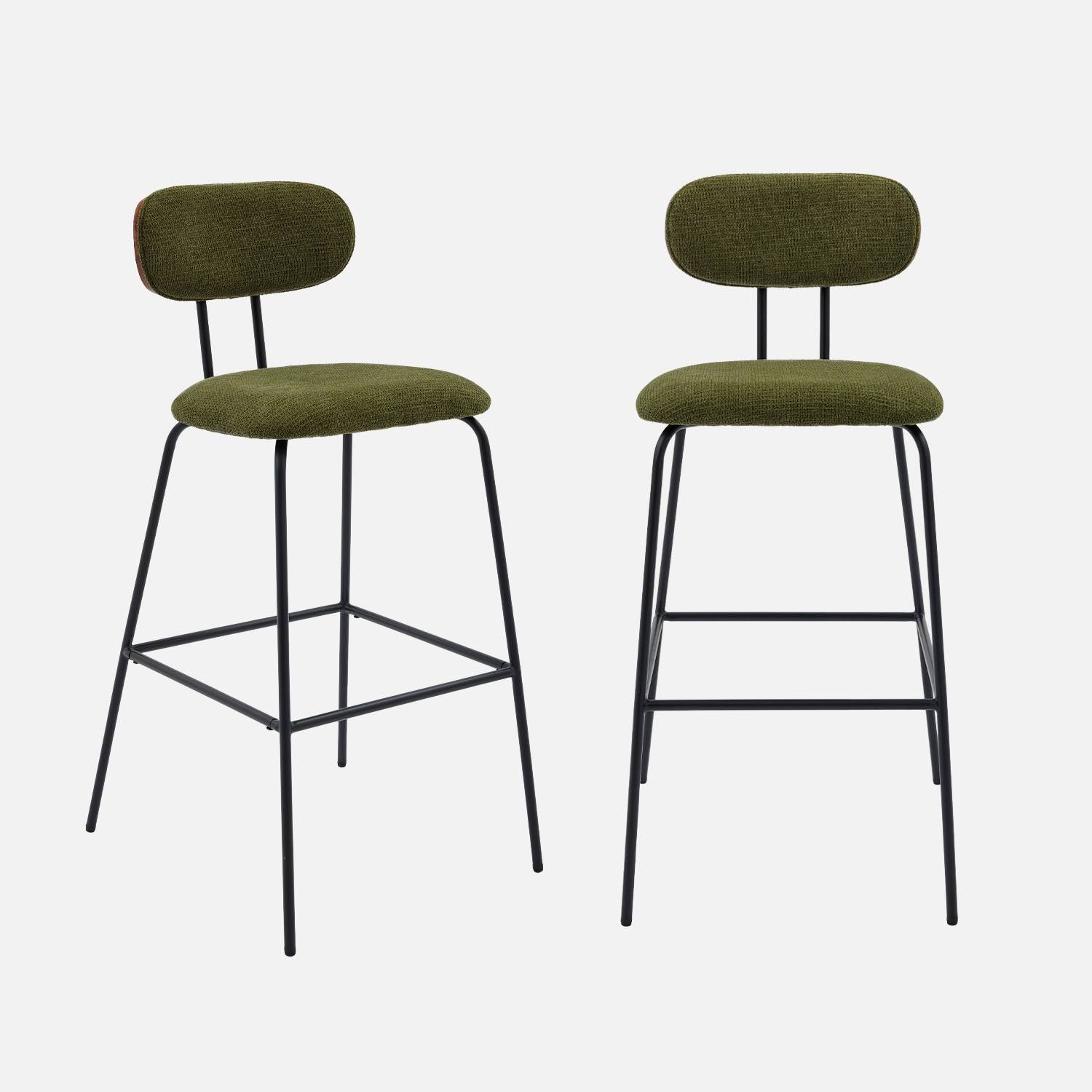 Set di 2 sgabelli da bar legno curvato tinto noce e tessuto idrorepellente gambe in metallo nero, Verde kaki