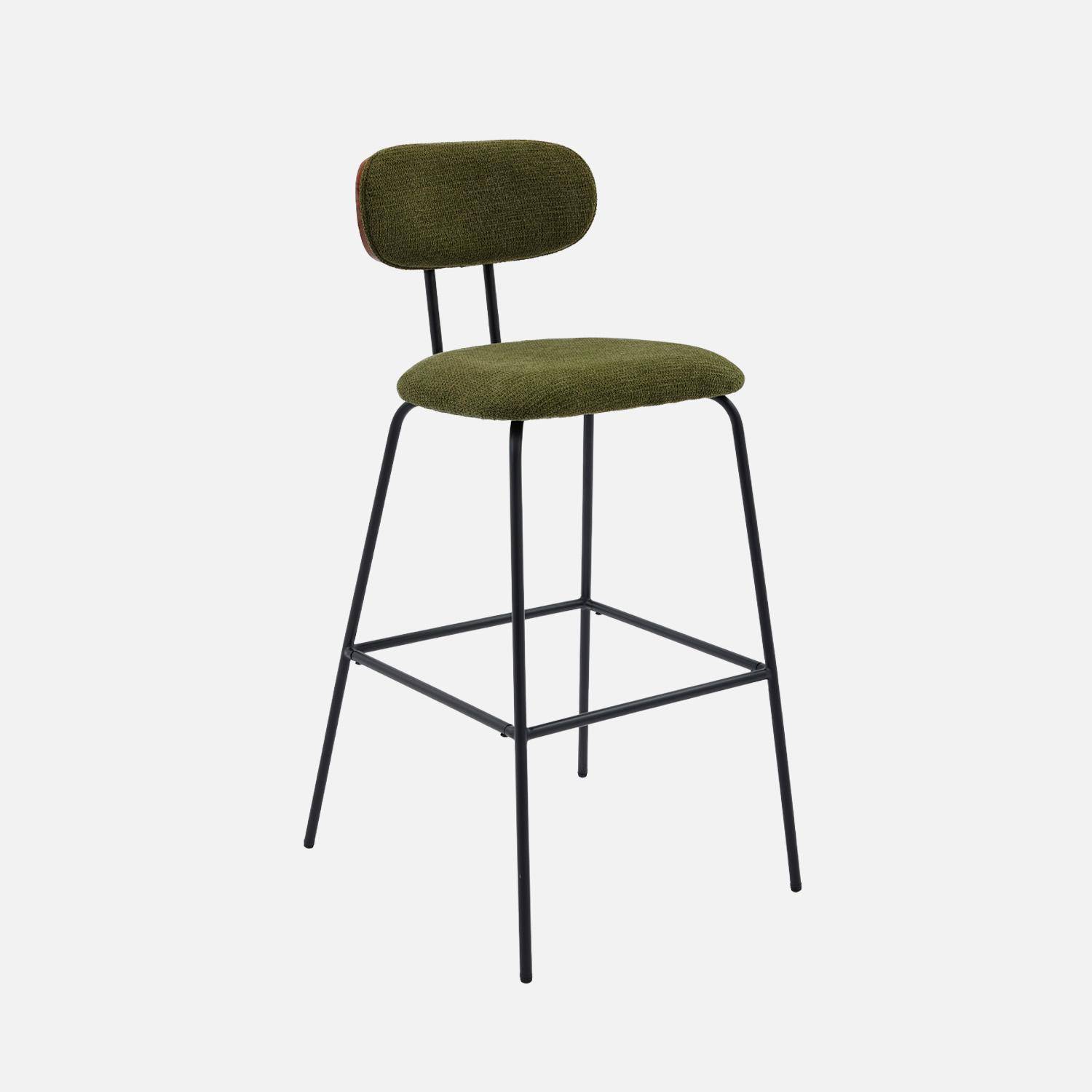 2 tabourets de bar décor bois courbé teinté noyer et tissu déperlant kaki, pieds métal noir mat (lot de 2) - L 44 x P 51 x H 103cm - Erin Photo2