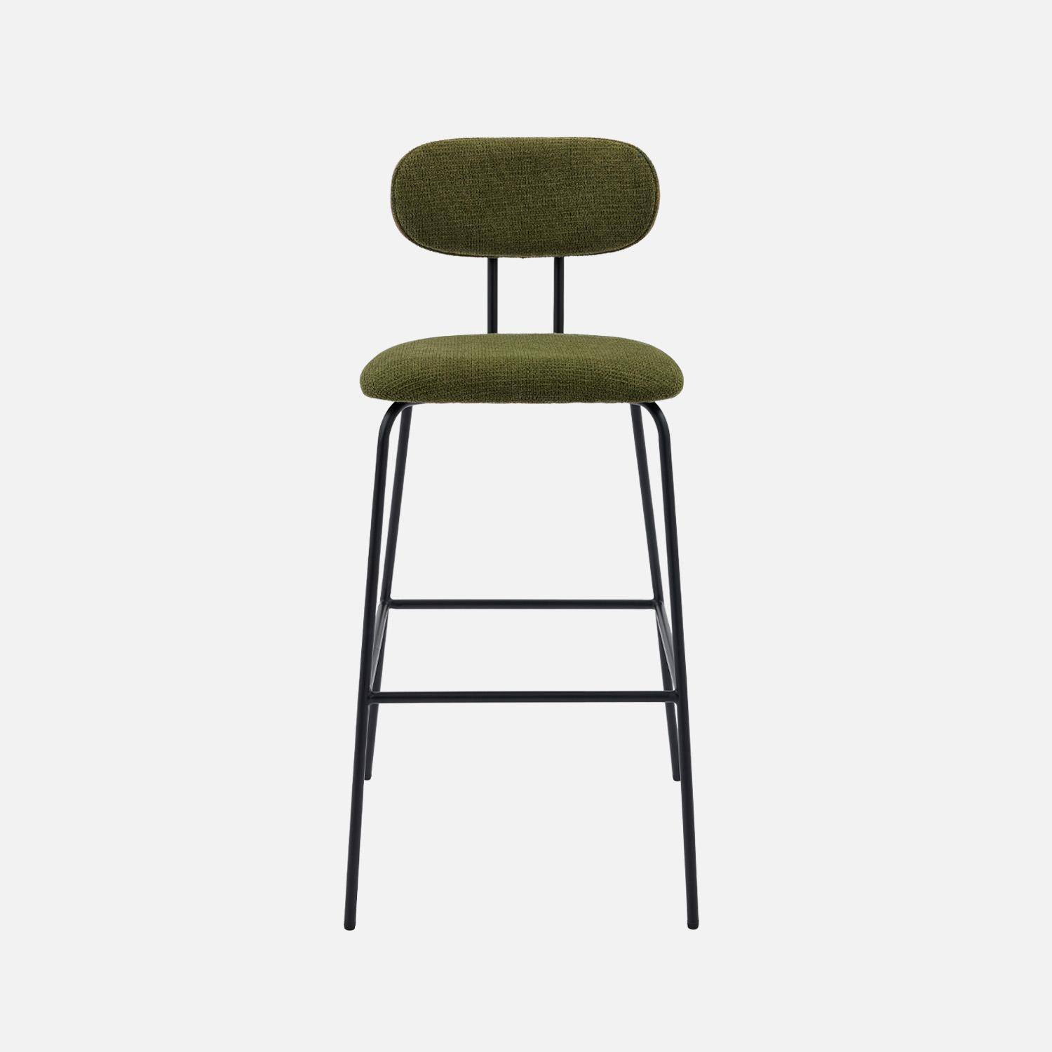 2 tabourets de bar décor bois courbé teinté noyer et tissu déperlant kaki, pieds métal noir mat (lot de 2) - L 44 x P 51 x H 103cm - Erin Photo3