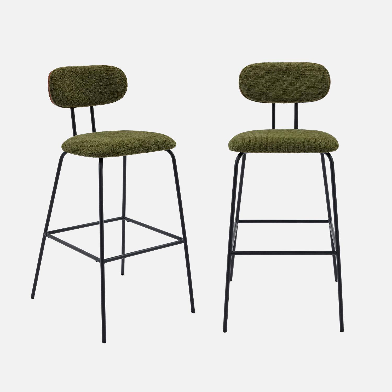 2 tabourets de bar décor bois courbé teinté noyer et tissu déperlant kaki, pieds métal noir mat (lot de 2) - L 44 x P 51 x H 103cm - Erin Photo1