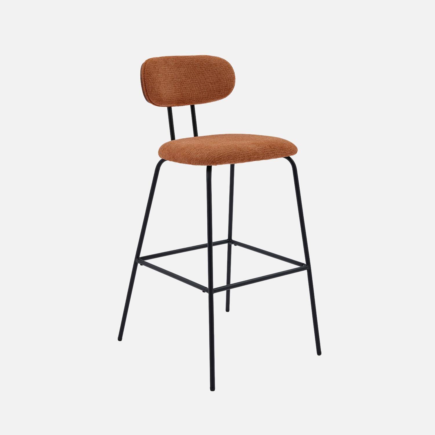 2 tabourets de bar décor bois courbé teinté noyer et tissu déperlant terracotta, pieds métal noir mat (lot de 2) - L 44 x P 51 x H 103cm - Erin Photo2