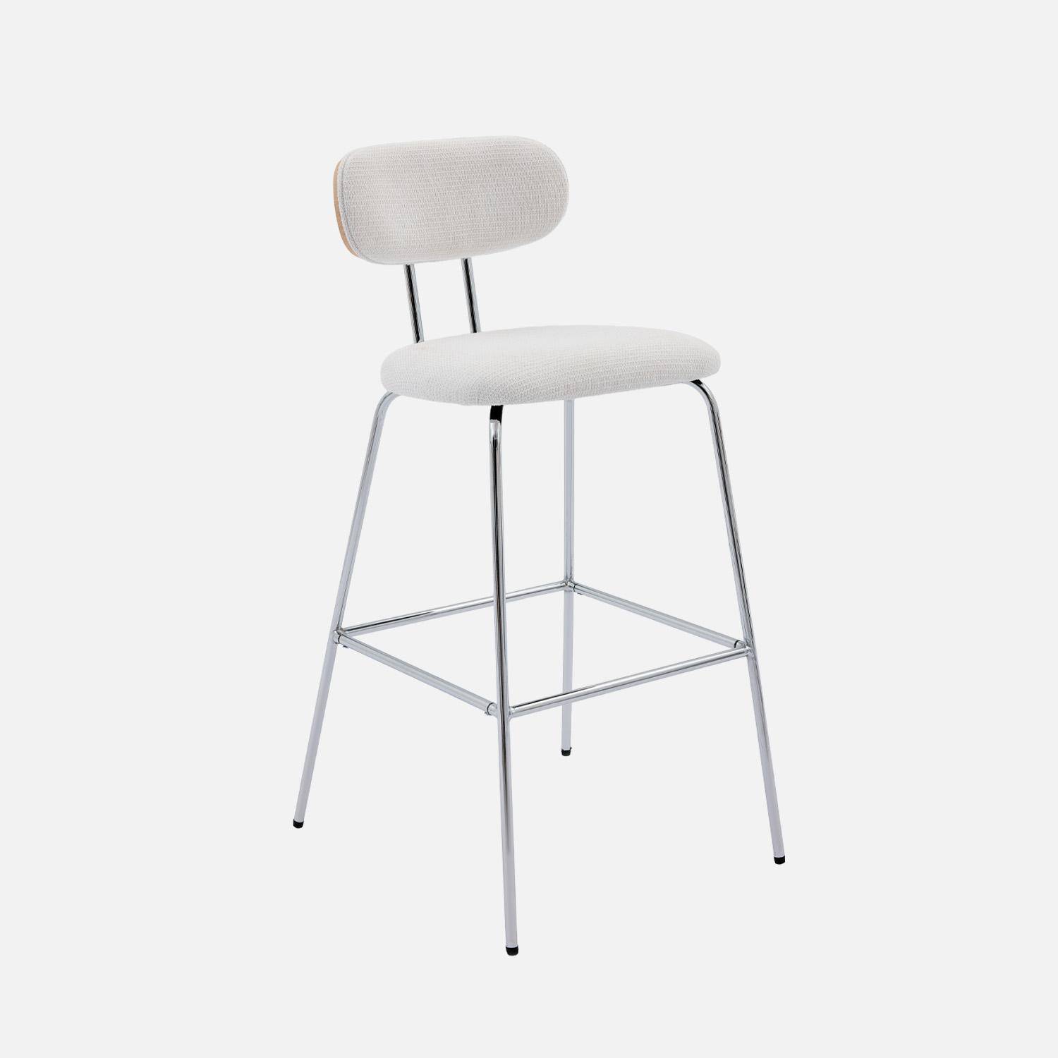 2 tabourets de bar décor bois courbé teinté chêne et tissu déperlant blanc, pieds métal chromé (lot de 2) - L 44 x P 51 x H 103cm - Erin Photo2