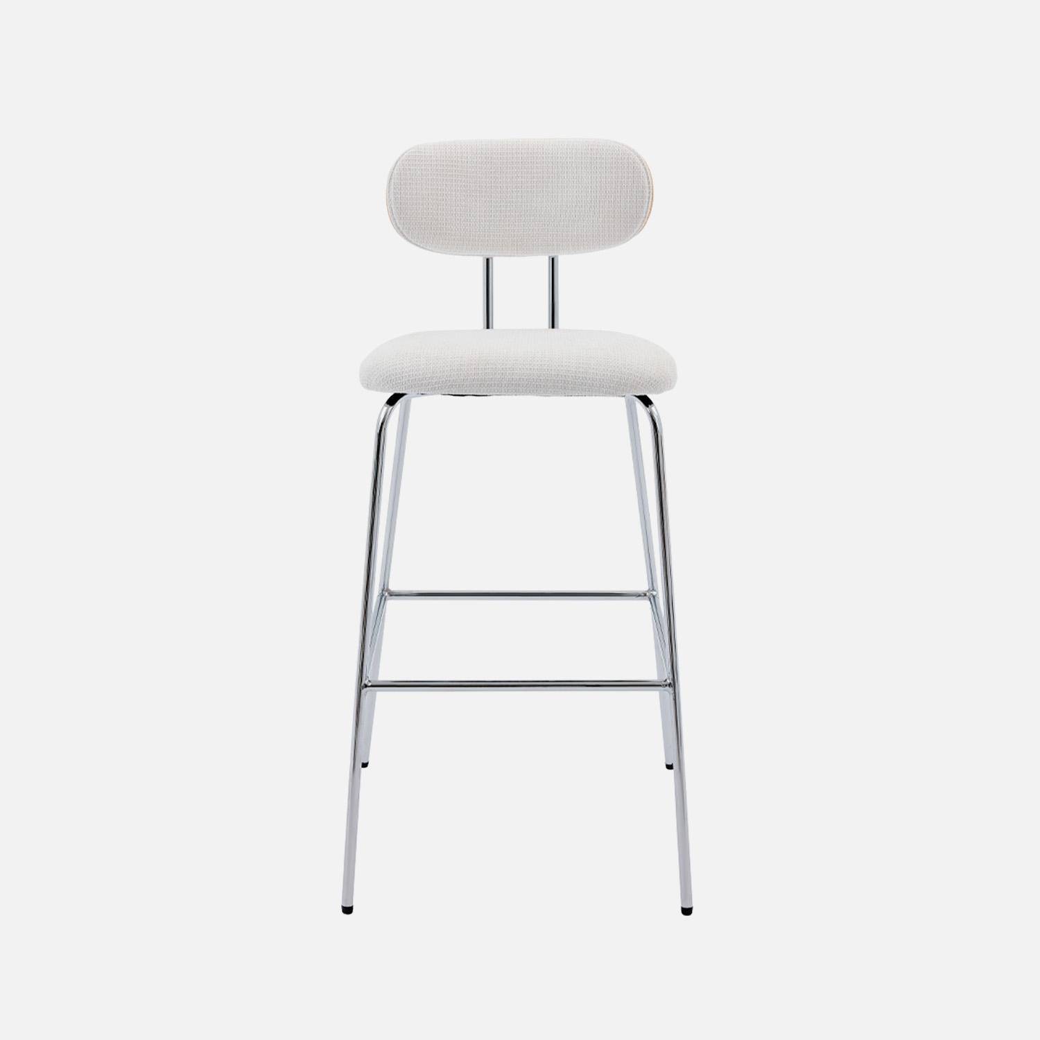 2 tabourets de bar décor bois courbé teinté chêne et tissu déperlant blanc, pieds métal chromé (lot de 2) - L 44 x P 51 x H 103cm - Erin Photo3