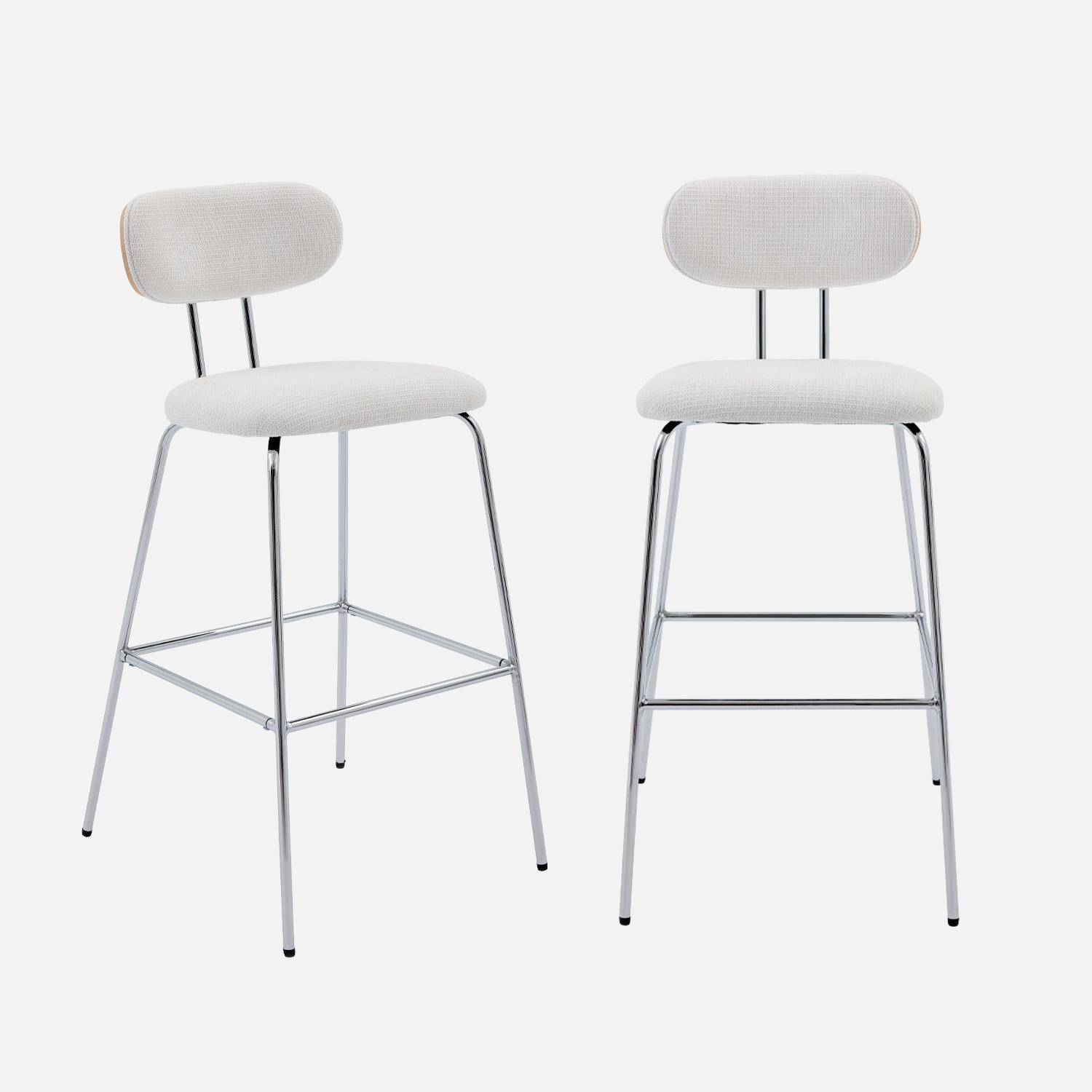 2 tabourets de bar décor bois courbé teinté chêne et tissu déperlant blanc, pieds métal chromé (lot de 2) - L 44 x P 51 x H 103cm - Erin Photo1