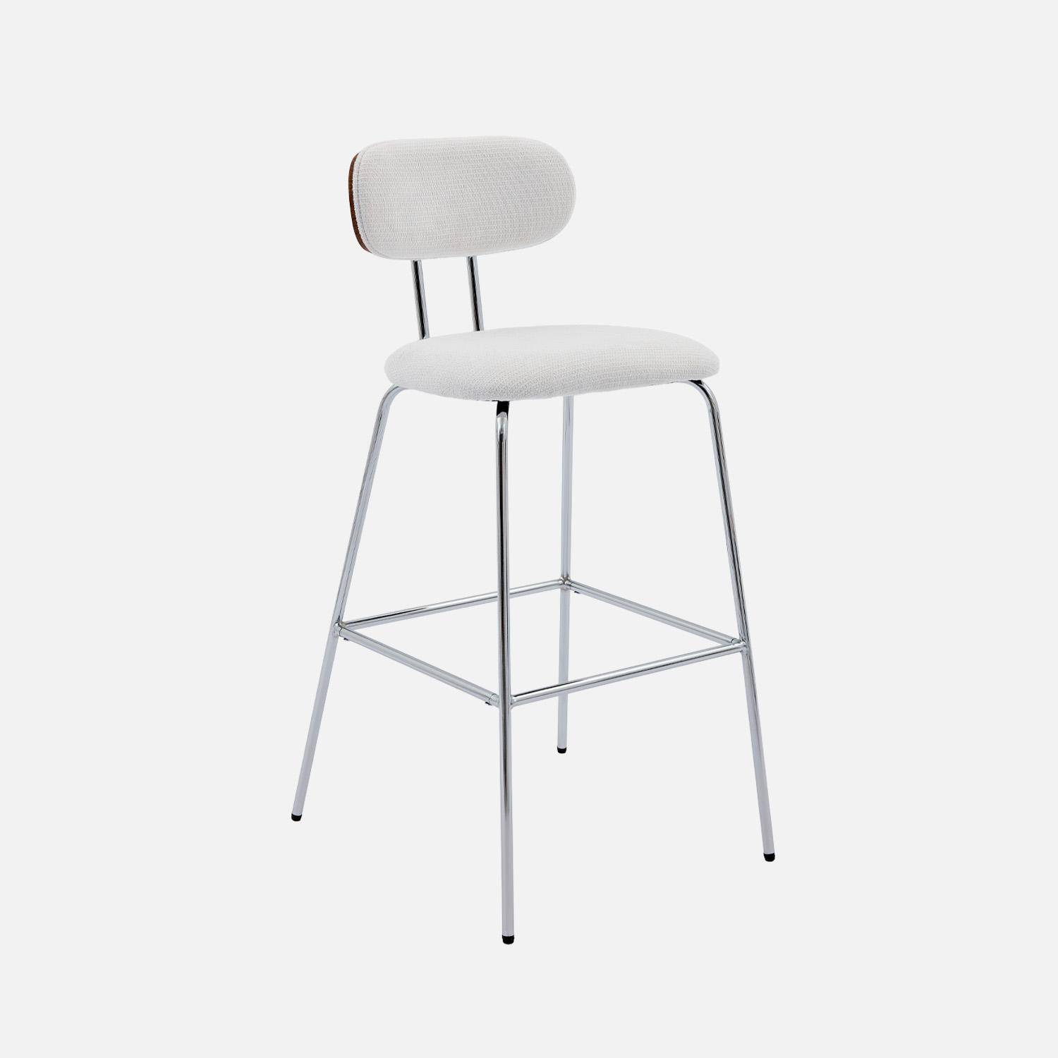 2 tabourets de bar décor bois courbé teinté noyer et tissu déperlant blanc, pieds métal chromé - L 44 x P 51 x H 103cm - Erin,sweeek,Photo2