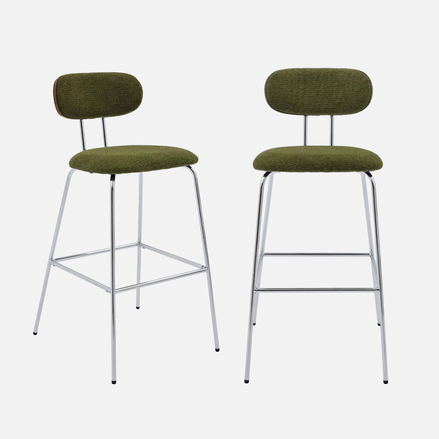 2 tabourets de bar décor bois courbé teinté noyer et tissu déperlant kaki, pieds métal chromé - L 44 x P 51 x H 103cm - Erin Photo1