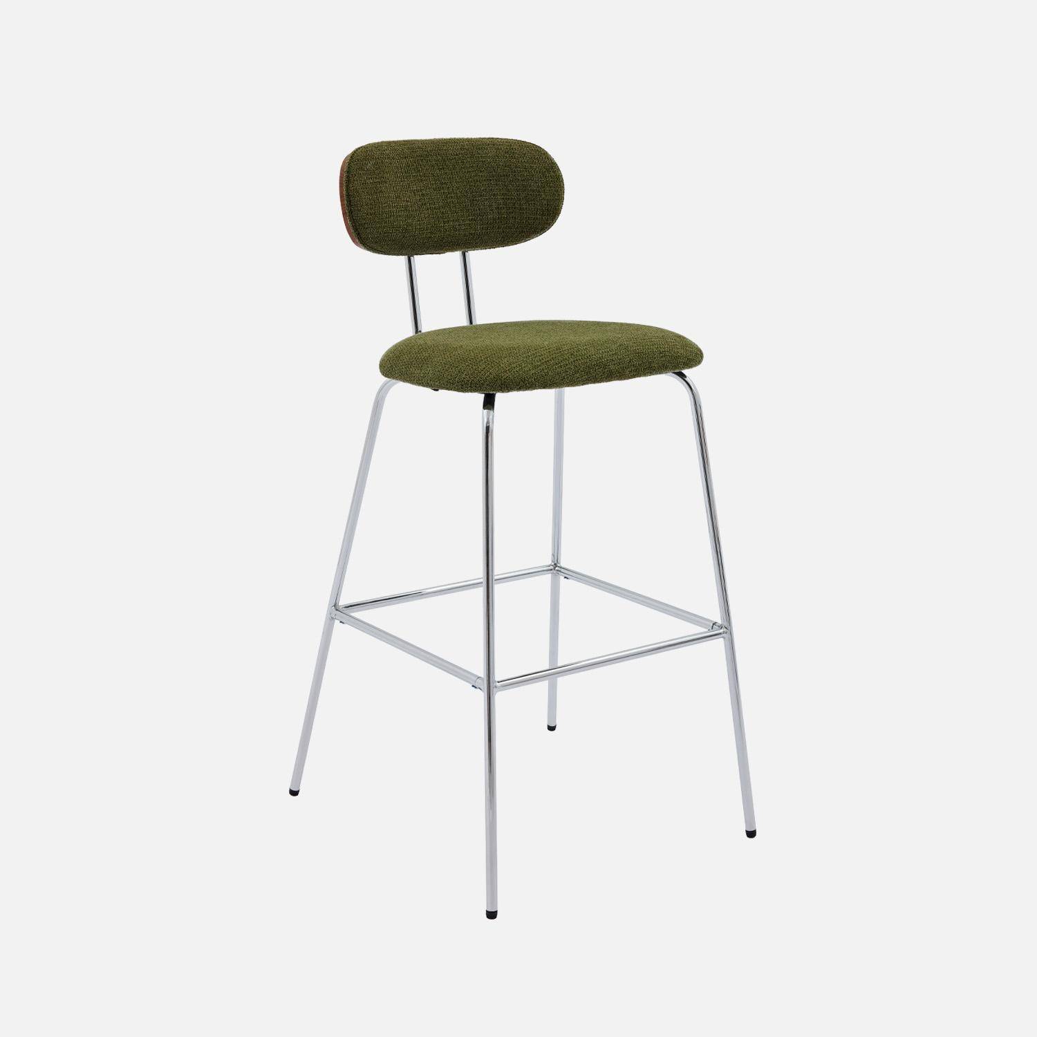 2 tabourets de bar décor bois courbé teinté noyer et tissu déperlant kaki, pieds métal chromé - L 44 x P 51 x H 103cm - Erin Photo2