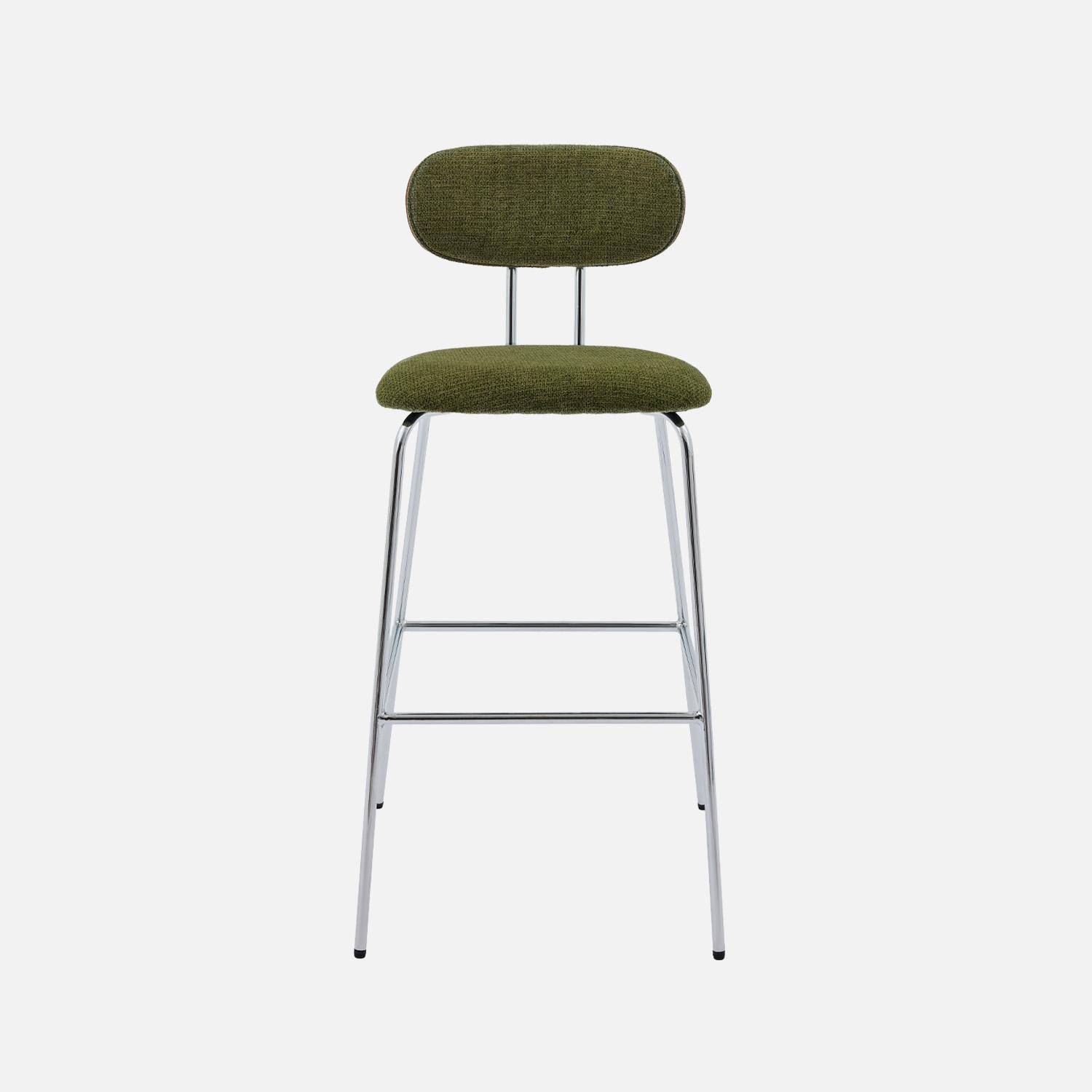 2 tabourets de bar décor bois courbé teinté noyer et tissu déperlant kaki, pieds métal chromé - L 44 x P 51 x H 103cm - Erin Photo3