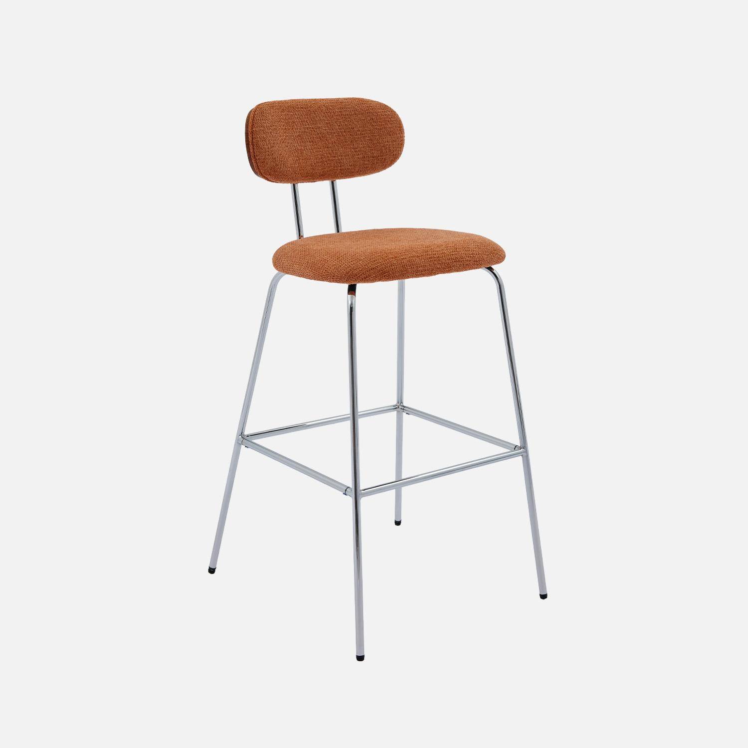 2 tabourets de bar décor bois courbé teinté noyer et tissu déperlant terracotta, pieds métal chromé - L 44 x P 51 x H 103cm - Erin,sweeek,Photo2
