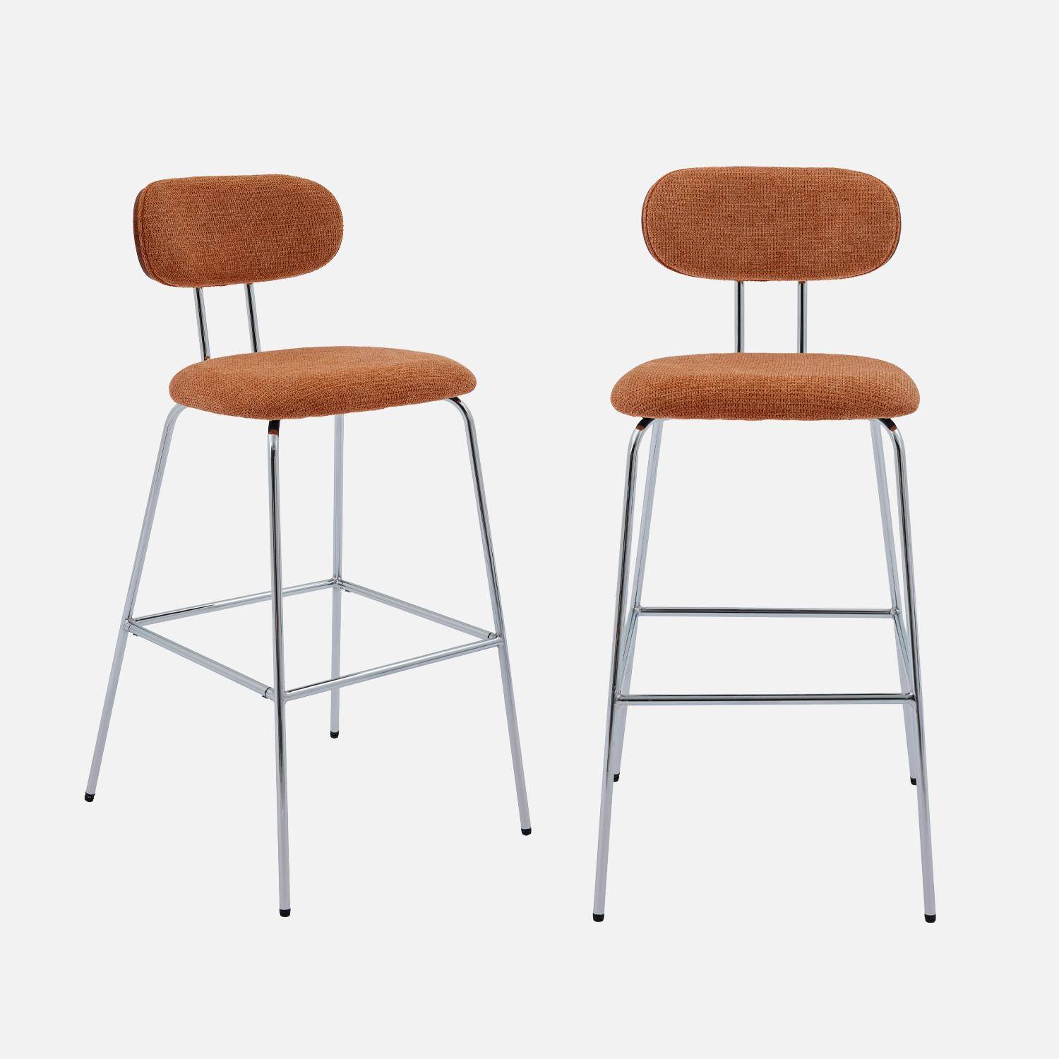 2er-Set Barhocker mit nussbaumfarbenem Holzdekor, terrakottafarbenem Stoffbezug und verchromtem Metallbeinen - B 47 x T 54 x H 103 cm - Erin,sweeek,Photo5