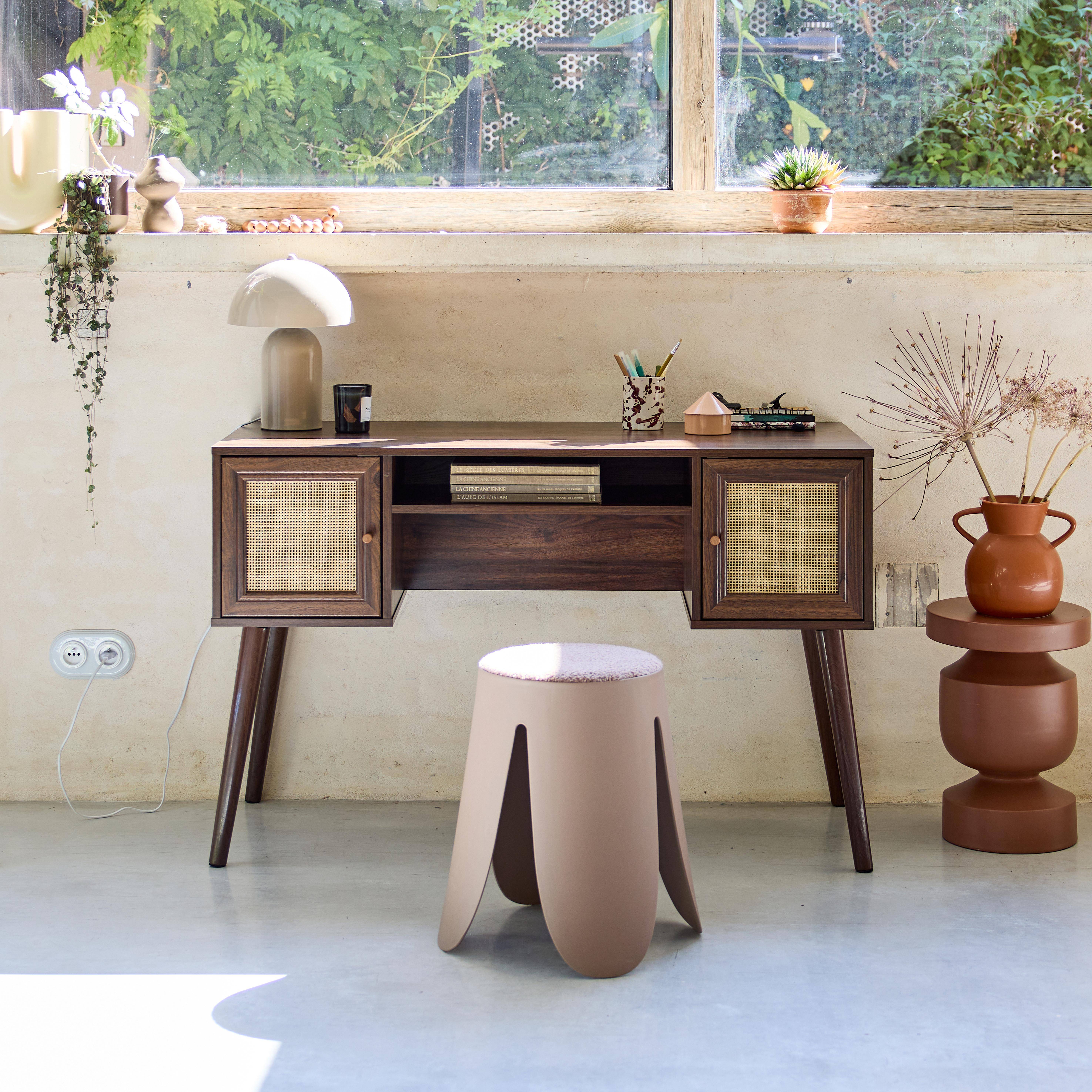 Canework desk and dark wood decor with 2 doors, 1 open compartment, compass legs Photo1