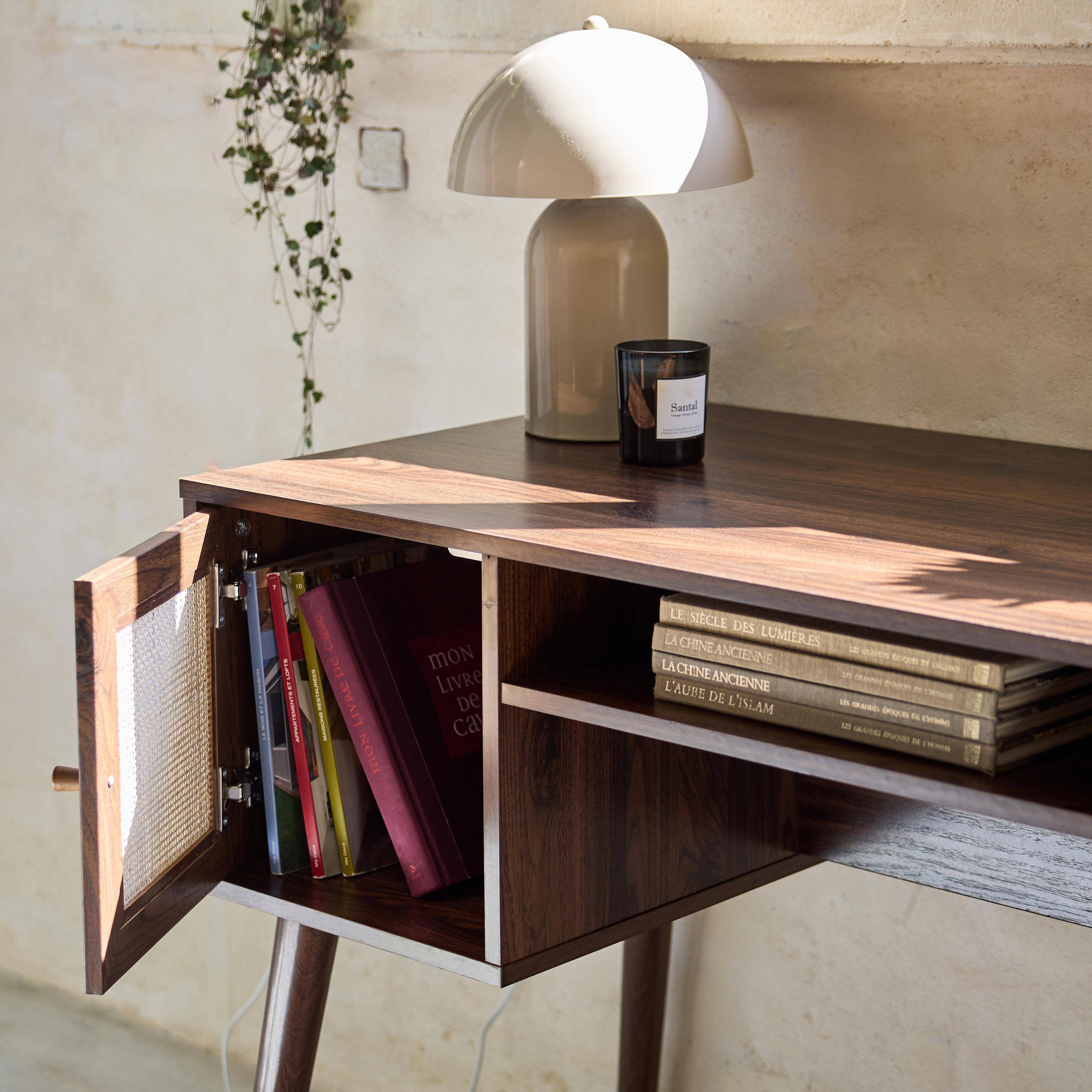 Canework desk and dark wood decor with 2 doors, 1 open compartment, compass legs Photo3