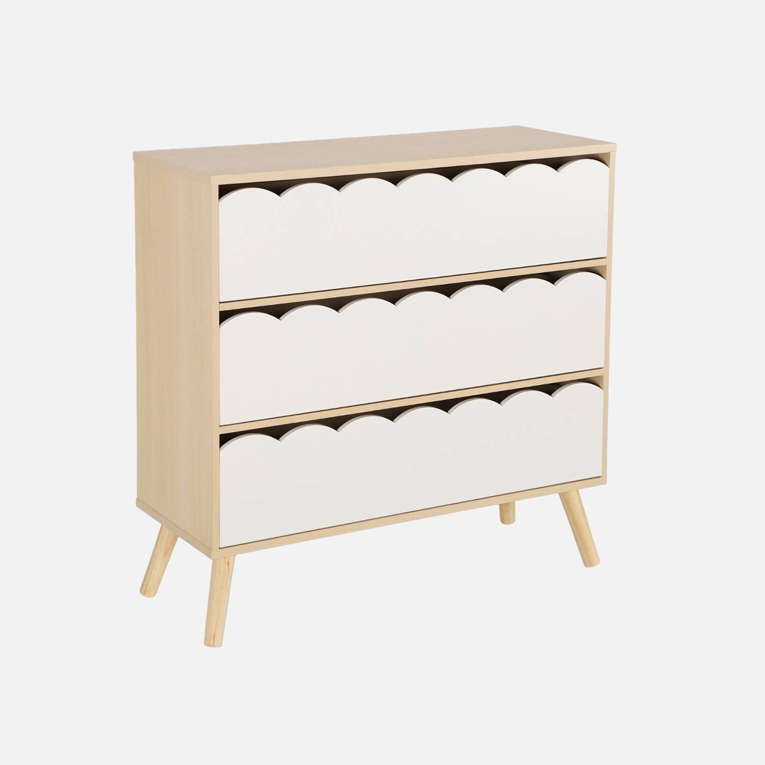 Cómoda infantil efecto madera con patas de pino, 3 cajones, Blanco