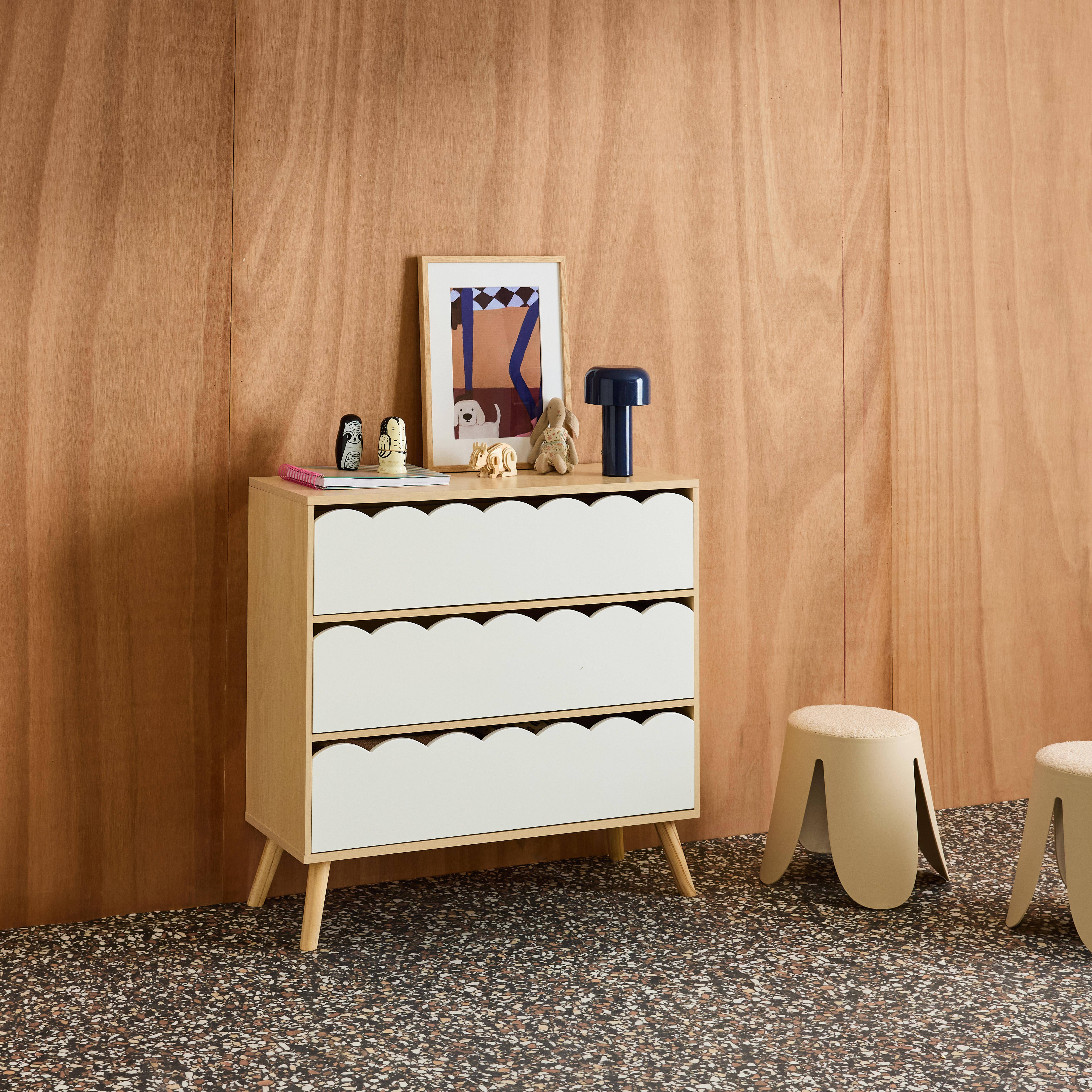 Commode enfant décor bois blanc 3 tiroirs, pieds bois de pin - 80 x 30 x 79 cm - Azur Photo2