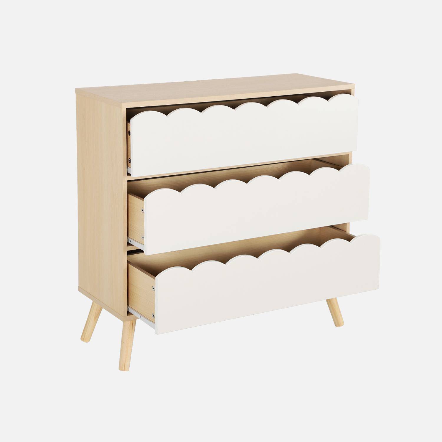 Cómoda infantil efecto madera con patas de pino, 3 cajones, Azur, Blanco, 80x30x79 cm,sweeek,Photo3