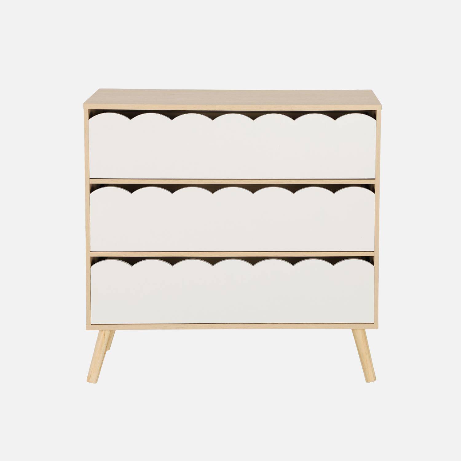Cómoda infantil efecto madera con patas de pino, 3 cajones, Azur, Blanco, 80x30x79 cm,sweeek,Photo2