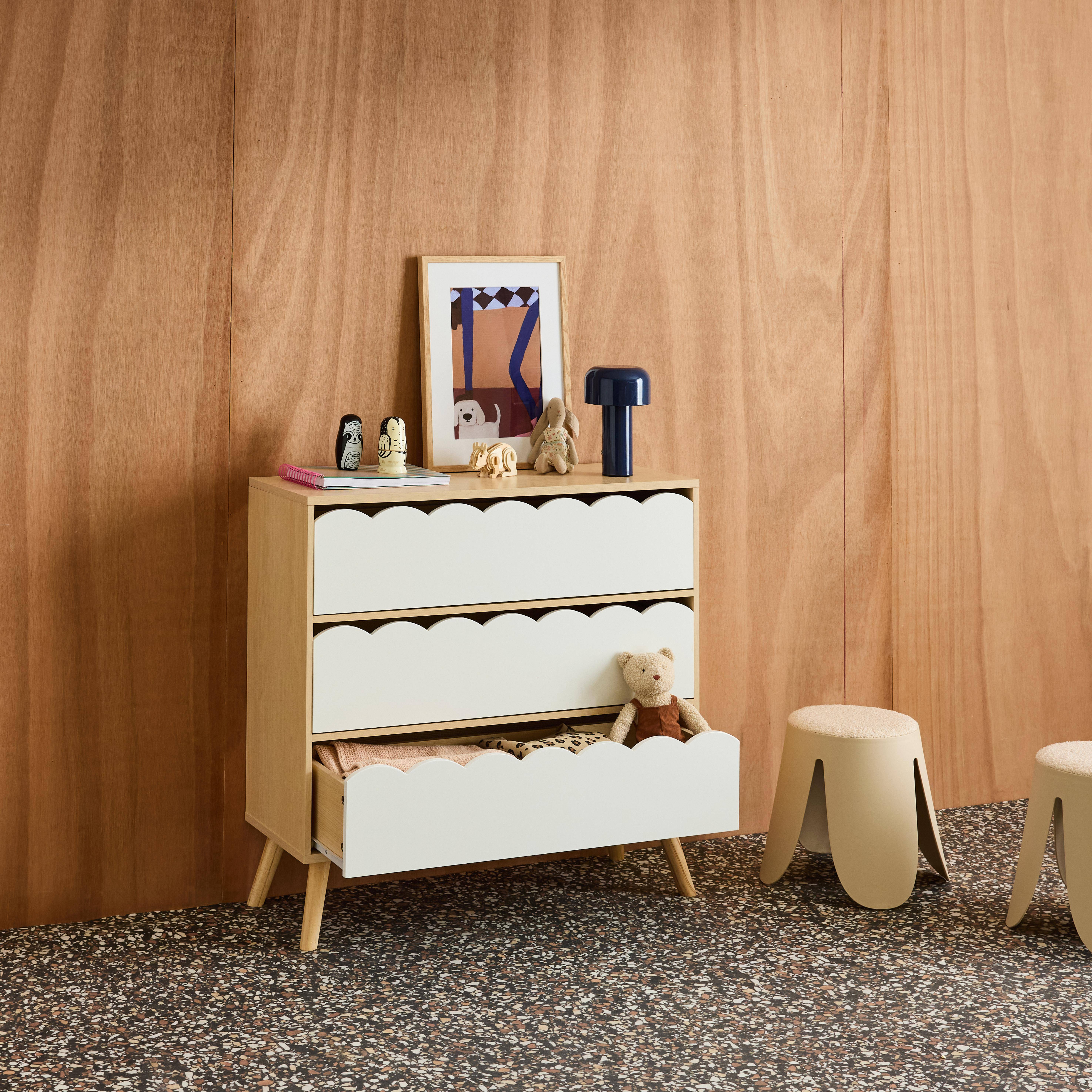 Commode enfant décor bois blanc 3 tiroirs, pieds bois de pin - 80 x 30 x 79 cm - Azur Photo3