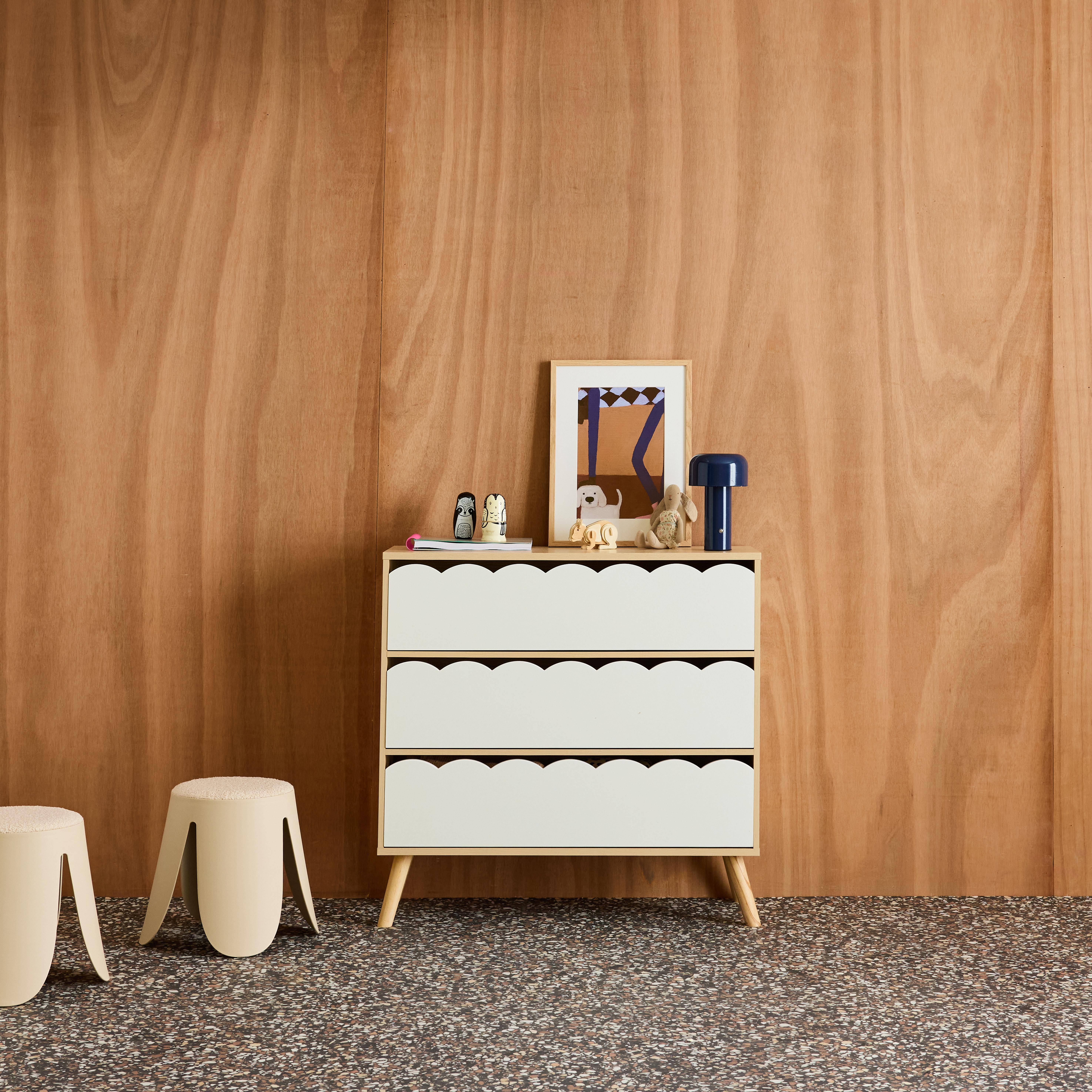 Commode enfant décor bois blanc 3 tiroirs, pieds bois de pin - 80 x 30 x 79 cm - Azur Photo1