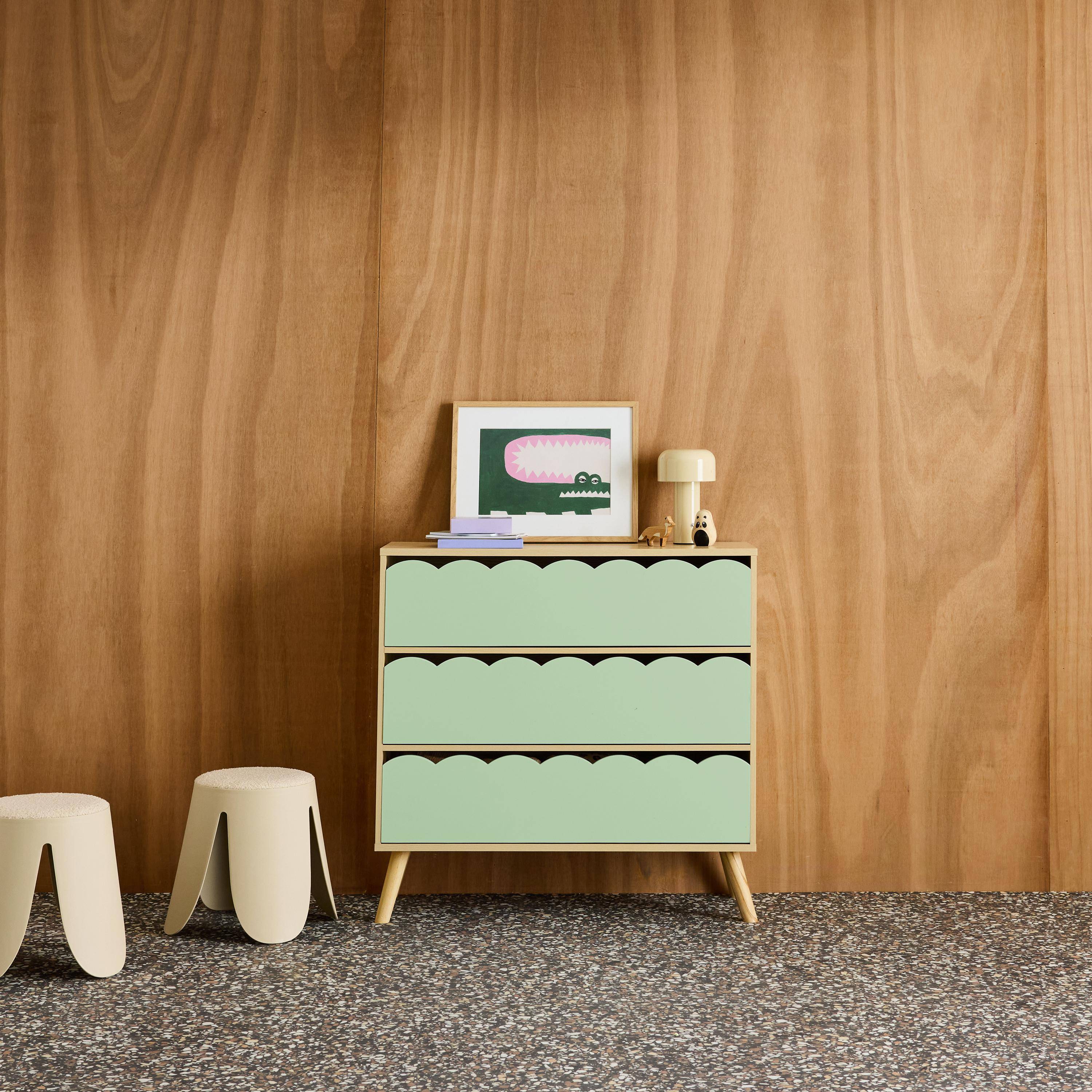 Commode enfant décor bois vert 3 tiroirs, pieds bois de pin - 80 x 30 x 79 cm - Azur,sweeek,Photo1